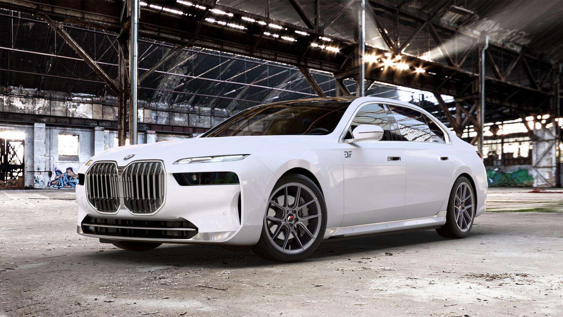 Japan Racing Wheels JR30 Hyper Gray Felge mit Reifen grau silber in 20Zoll Winterfelge Alufelge auf weissem BMW 7er G70 Limousine (G7L) ⬇️ mit 15mm Tieferlegung ⬇️ Old Industrial Hall_max_5300mm_2024 Frontansicht_1