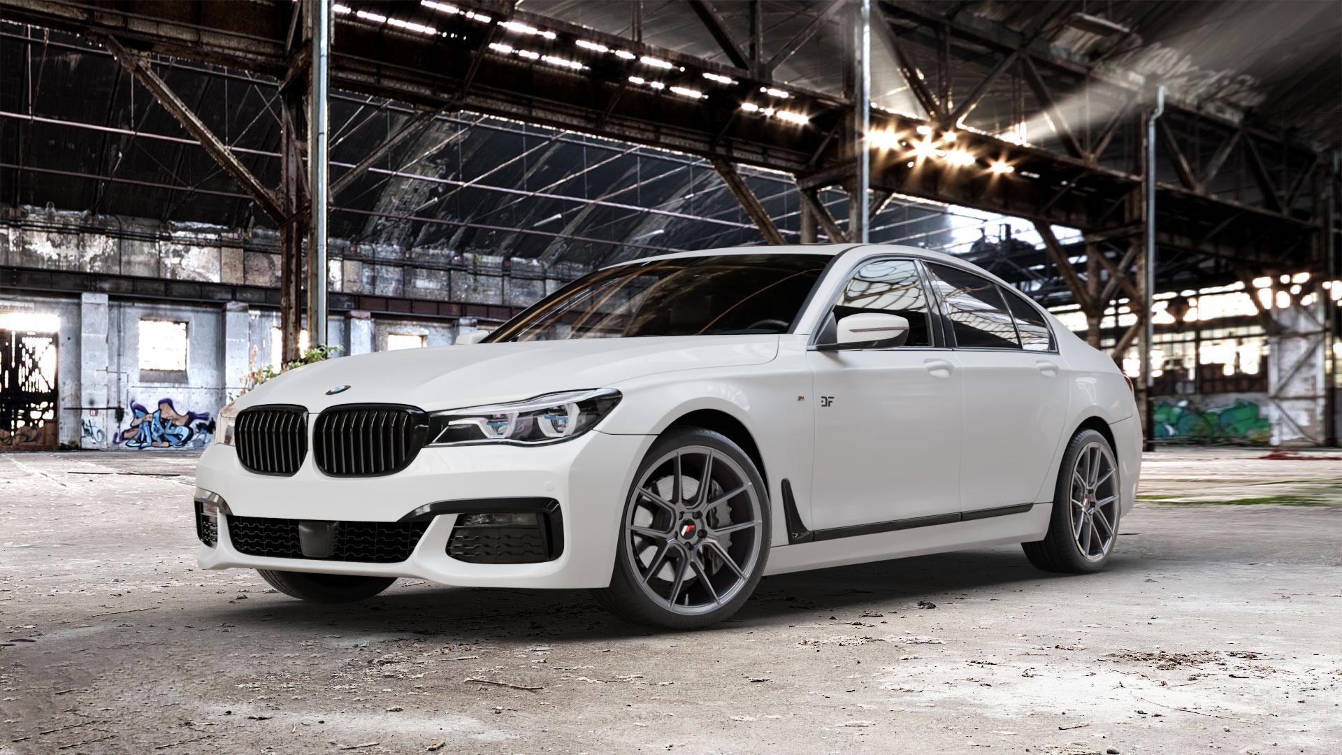 Japan Racing Wheels JR30 Hyper Gray Felge mit Reifen grau silber in 20Zoll Winterfelge Alufelge auf weissem BMW M760Li xDrive Typ G12 Facelift 6,6l 430kW (585 PS) ⬇️ mit 15mm Tieferlegung ⬇️ Old Industrial Hall_max_5300mm_2024 Frontansicht_1