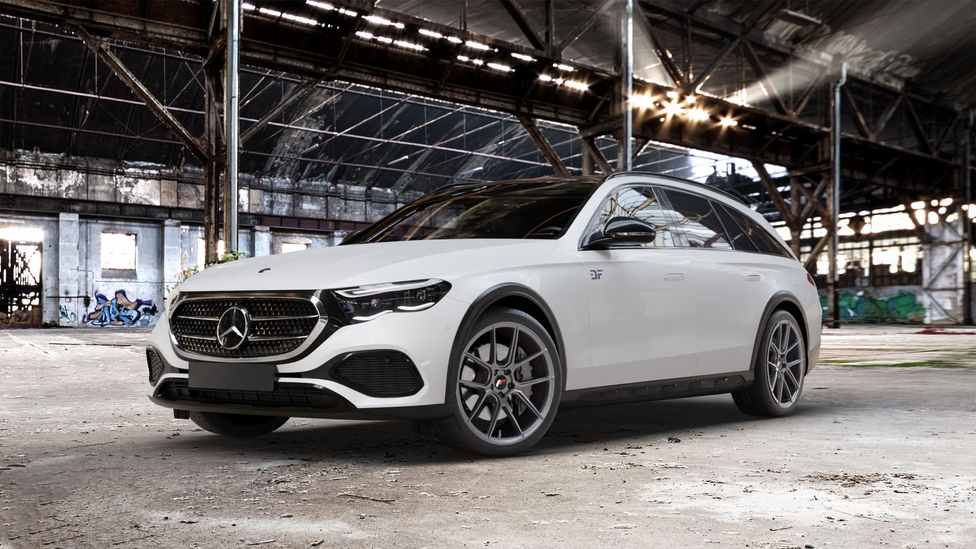 Japan Racing Wheels JR30 Hyper Gray Felge mit Reifen grau silber in 20Zoll Winterfelge Alufelge auf weissem Mercedes E-Klasse Typ S214 All-Terrain Coupe ⬇️ mit 15mm Tieferlegung ⬇️ Old Industrial Hall_max_5300mm_2024 Frontansicht_1