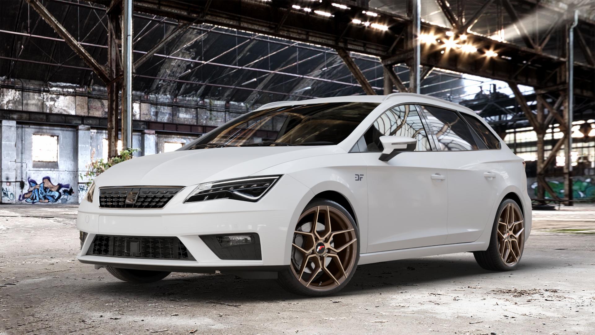Japan Racing Wheels JR34 Platinum Bronze Felge mit Reifen grau in 19Zoll Winterfelge Alufelge auf weissem Seat Leon Typ 5F ST Facelift ⬇️ mit 15mm Tieferlegung ⬇️ Old Industrial Hall_max_4400mm_2024 Frontansicht_1