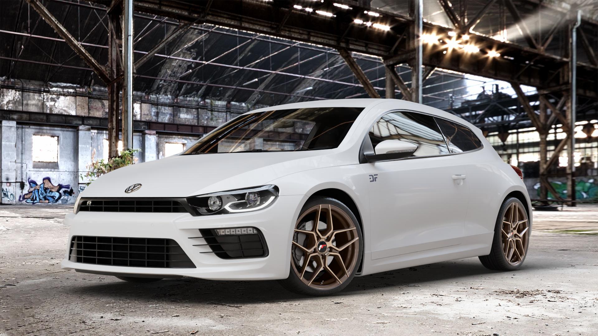 Japan Racing Wheels JR34 Platinum Bronze Felge mit Reifen grau in 19Zoll Winterfelge Alufelge auf weissem Volkswagen (VW) Scirocco III Typ 13 Facelift ⬇️ mit 15mm Tieferlegung ⬇️ Old Industrial Hall_max_4400mm_2024 Frontansicht_1