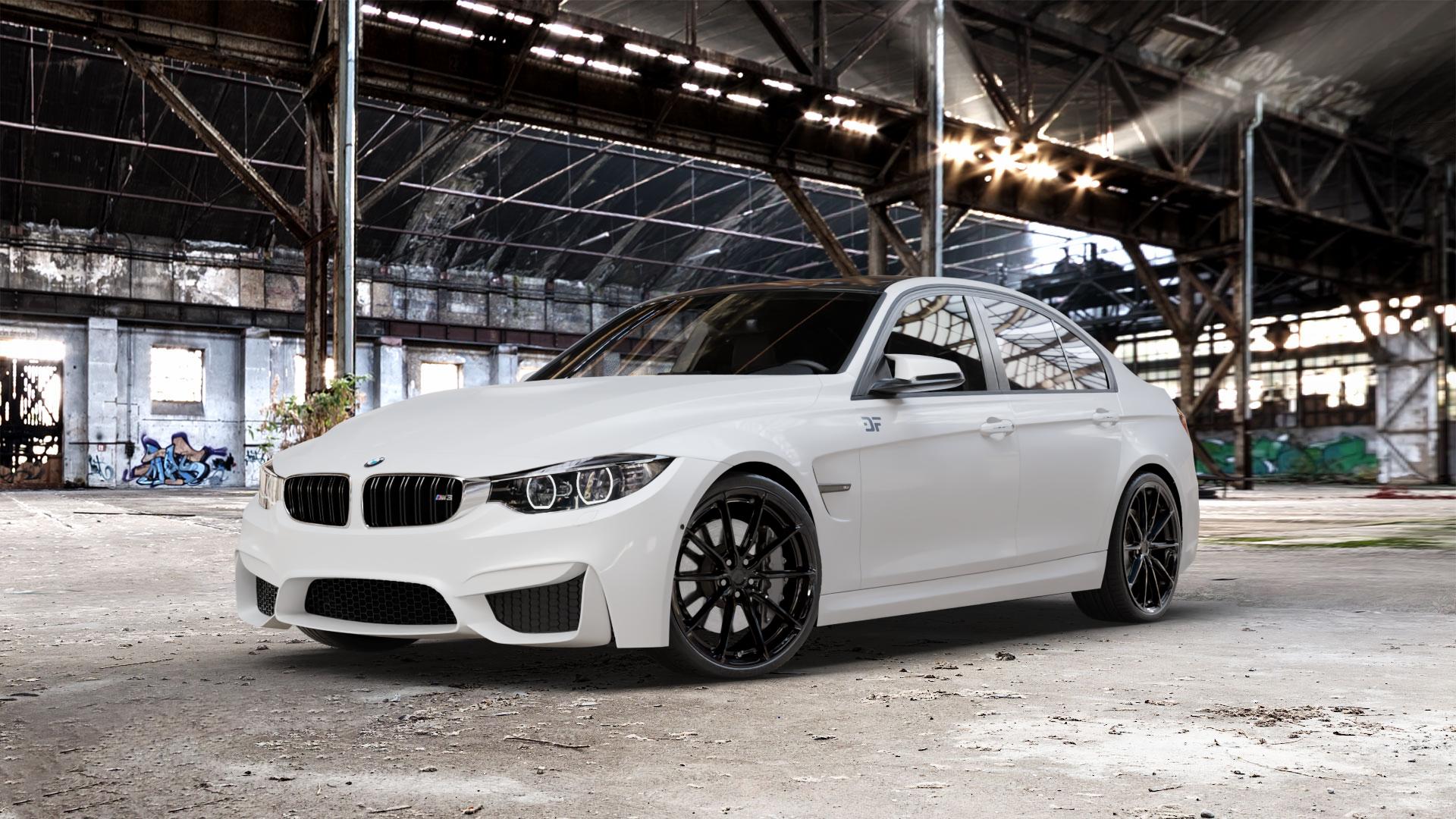 Japan Racing Wheels JR37 Gloss Black Felge mit Reifen schwarz in 20Zoll Winterfelge Alufelge auf weissem BMW M3 Typ F80 (Limousine) CS ⬇️ mit 15mm Tieferlegung ⬇️ Old Industrial Hall_max_5300mm_2024 Frontansicht_1
