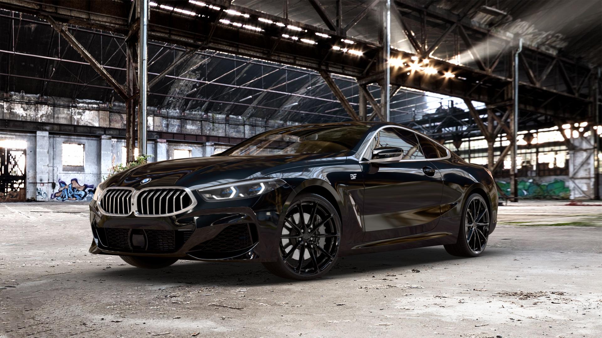 Japan Racing Wheels JR37 Gloss Black Felge mit Reifen schwarz in 21Zoll Winterfelge Alufelge auf schwarzem metallic BMW 840d xDrive Typ G15 M850i 840i M8 F8CM (Coupe) 8er Coupé (G8C) ⬇️ mit 15mm Tieferlegung ⬇️ Old Industrial Hall_max_5300mm_2024 Frontansicht_1