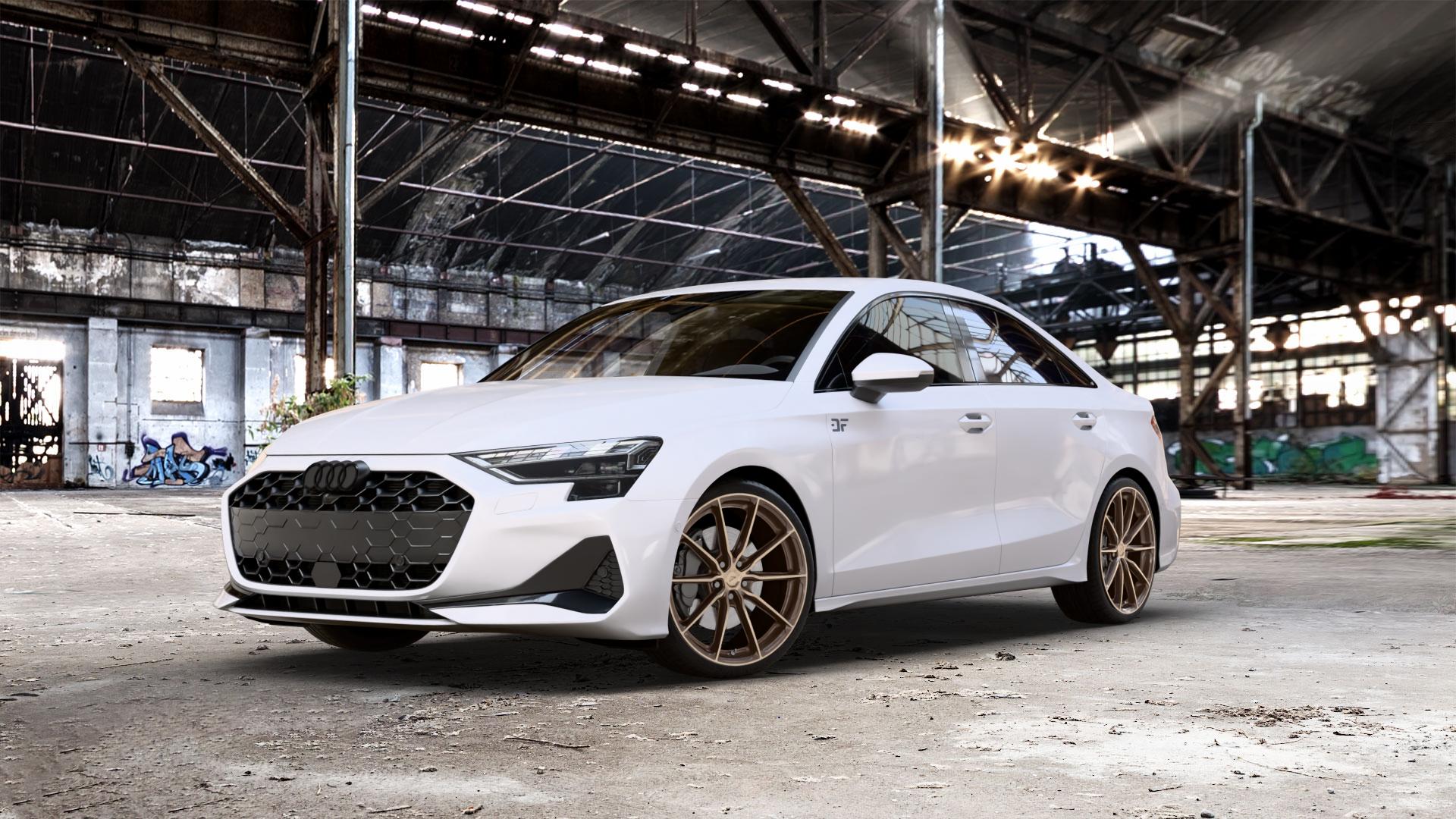 Japan Racing Wheels JR37 Platinum Bronze Felge mit Reifen grau in 19Zoll Winterfelge Alufelge auf weissem Audi A3 Typ GY (Limousine) Facelift 1,5l 30 TFSI 85kW (116 PS) Mild-Hybrid 35 110kW (150 2,0l TDI ⬇️ mit 15mm Tieferlegung ⬇️ Old Industrial Hall_max_5300mm_2024 Frontansicht_1