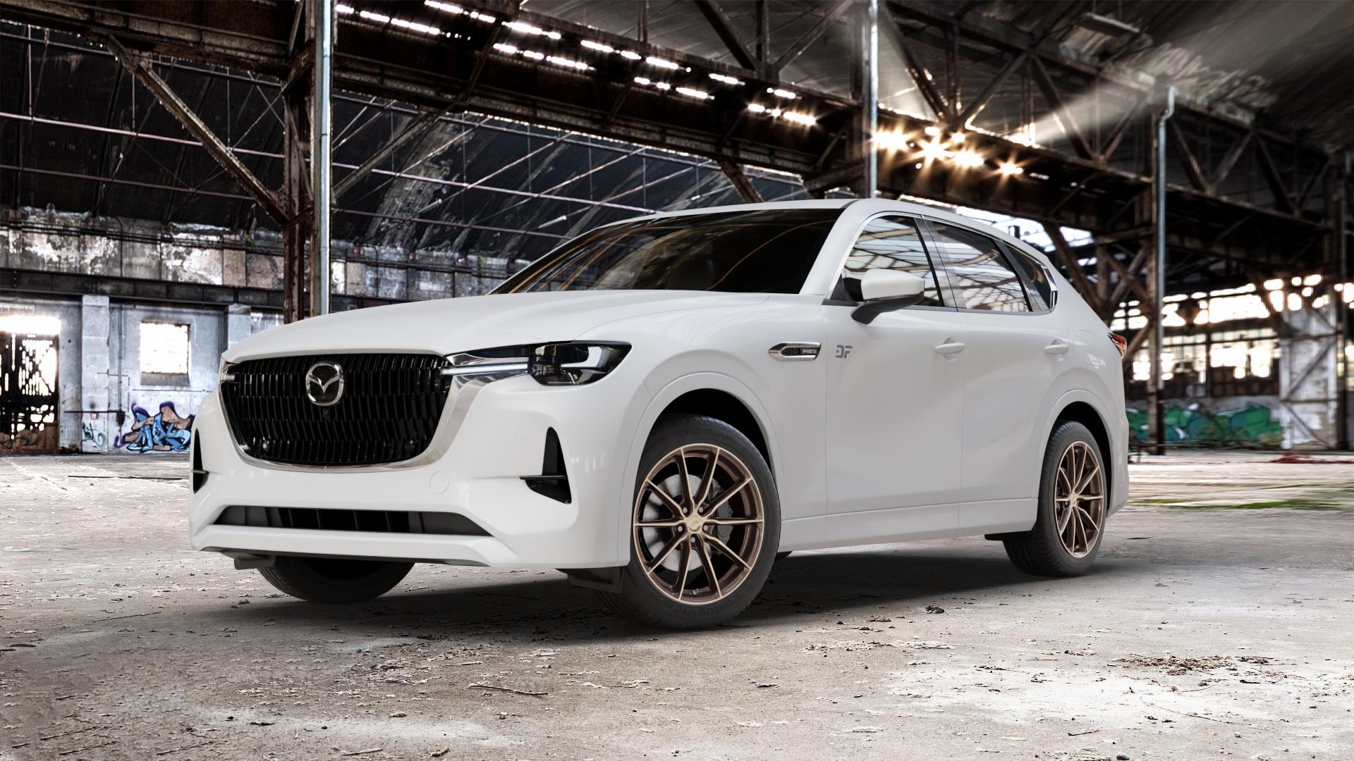 Japan Racing Wheels JR37 Platinum Bronze Felge mit Reifen grau in 19Zoll Winterfelge Alufelge auf weissem Mazda CX-60 Typ KH01 CX ⬇️ mit 15mm Tieferlegung ⬇️ Old Industrial Hall_max_5300mm_2024 Frontansicht_1