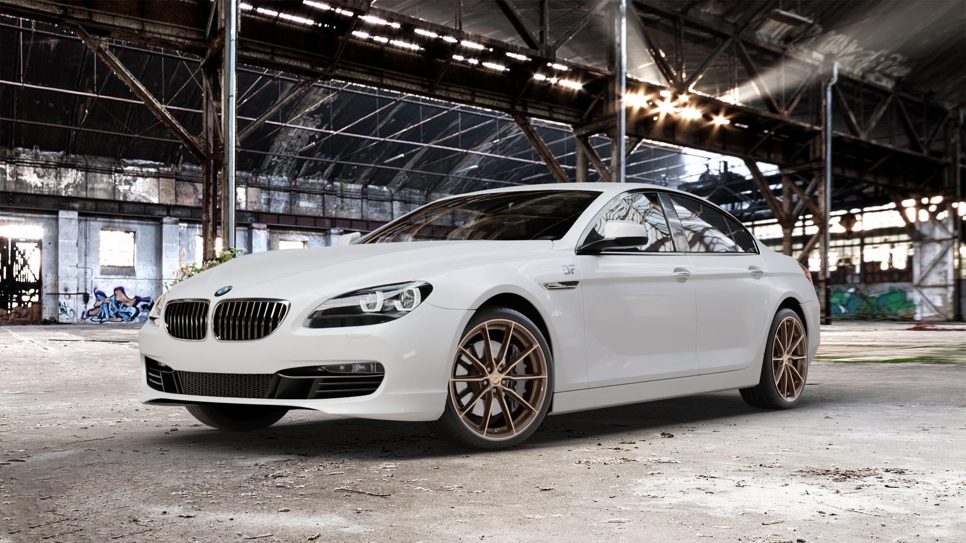 Japan Racing Wheels JR37 Platinum Bronze Felge mit Reifen grau in 20Zoll Winterfelge Alufelge auf weissem BMW 6er F06 Gran Coupe (6C) ⬇️ mit 15mm Tieferlegung ⬇️ Old Industrial Hall_max_5300mm_2024 Frontansicht_1