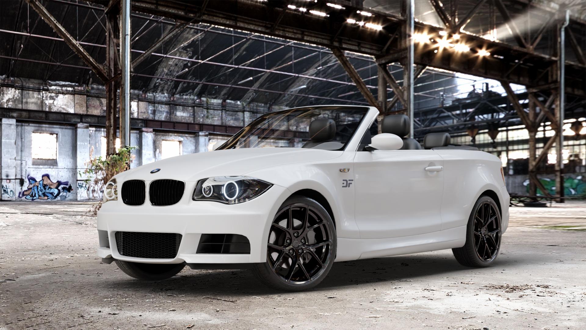 Japan Racing Wheels SL-01 Gloss Black Felge mit Reifen schwarz in 19Zoll Winterfelge Alufelge auf weissem BMW 118i Typ E88 (Cabriolet) 120d 120i 125i 135i 123d 118d 1er Cabrio (182, 1C) ⬇️ mit 15mm Tieferlegung ⬇️ Old Industrial Hall_max_4400mm_2024 Frontansicht_1