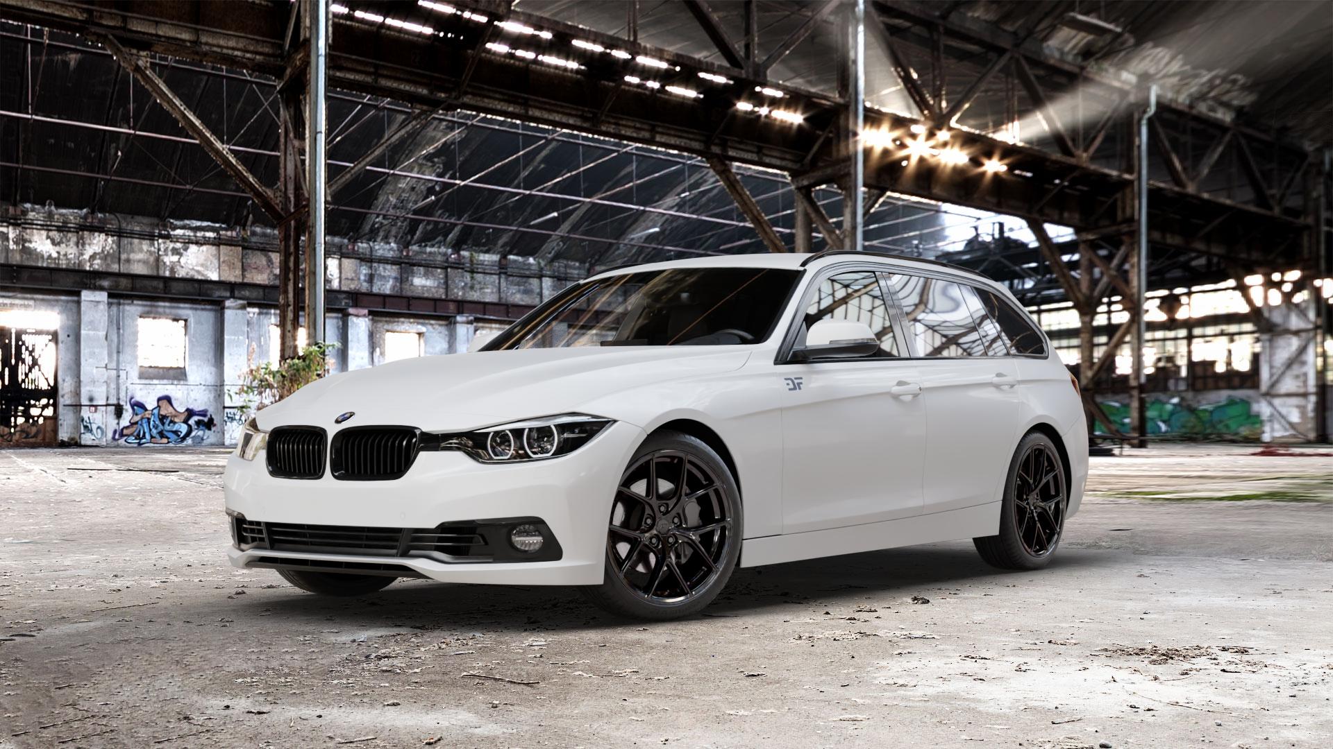 Japan Racing Wheels SL-01 Gloss Black Felge mit Reifen schwarz in 19Zoll Winterfelge Alufelge auf weissem BMW 330d Typ F31 (Touring) xDrive 318i 330i 340i 3er Touring (3K, 3K-N1) ⬇️ mit 15mm Tieferlegung ⬇️ Old Industrial Hall_max_5300mm_2024 Frontansicht_1