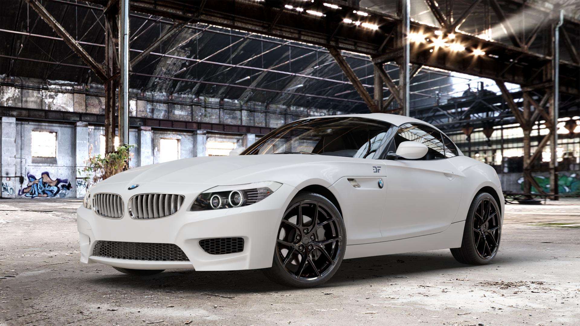 Japan Racing Wheels SL-01 Gloss Black Felge mit Reifen schwarz in 19Zoll Winterfelge Alufelge auf weissem BMW Z4 Roadster Typ E89 (Z89, ZR) ⬇️ mit 15mm Tieferlegung ⬇️ Old Industrial Hall_max_4400mm_2024 Frontansicht_1