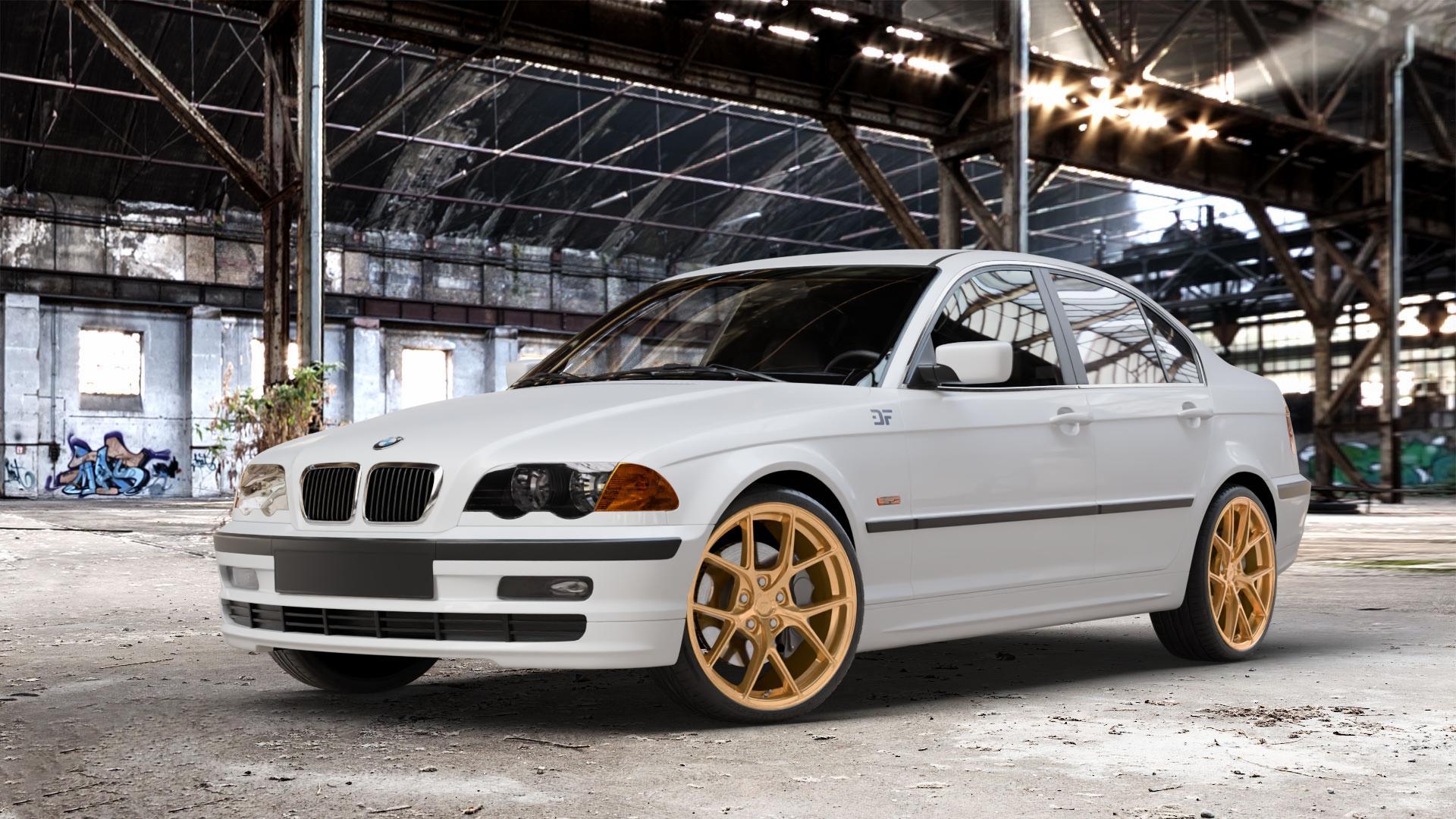 Japan Racing Wheels SL-01 Gold Felge mit Reifen in 19Zoll Winterfelge Alufelge auf weissem BMW 316i Typ E46 (Limousine) 318i 320i 323i 328i 325i 330d 330xd 330i 318d 320d 325xi 330xi 3er Limousine (346) ⬇️ mit 15mm Tieferlegung ⬇️ Old Industrial Hall_max_4400mm_2024 Frontansicht_1