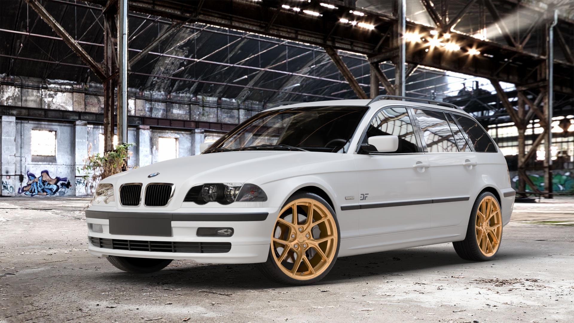 Japan Racing Wheels SL-01 Gold Felge mit Reifen in 19Zoll Winterfelge Alufelge auf weissem BMW 316i Typ E46 (Touring) 318d 318i 320d 320i 325i 325xi 328i 330d 330i 330xd 330xi 3er Touring (346L) ⬇️ mit 15mm Tieferlegung ⬇️ Old Industrial Hall_max_4400mm_2024 Frontansicht_1