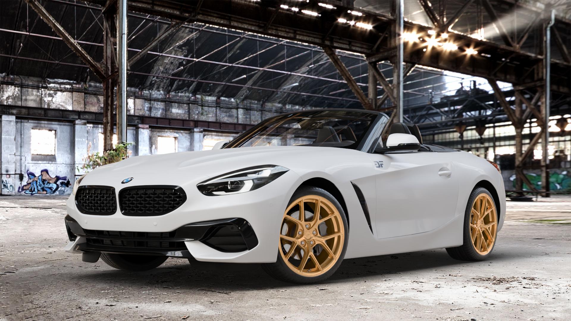 Japan Racing Wheels SL-01 Gold Felge mit Reifen in 19Zoll Winterfelge Alufelge auf weissem BMW Z4 Roadster Typ G29 (G4Z) Z1 Z8 ⬇️ mit 15mm Tieferlegung ⬇️ Old Industrial Hall_max_4400mm_2024 Frontansicht_1