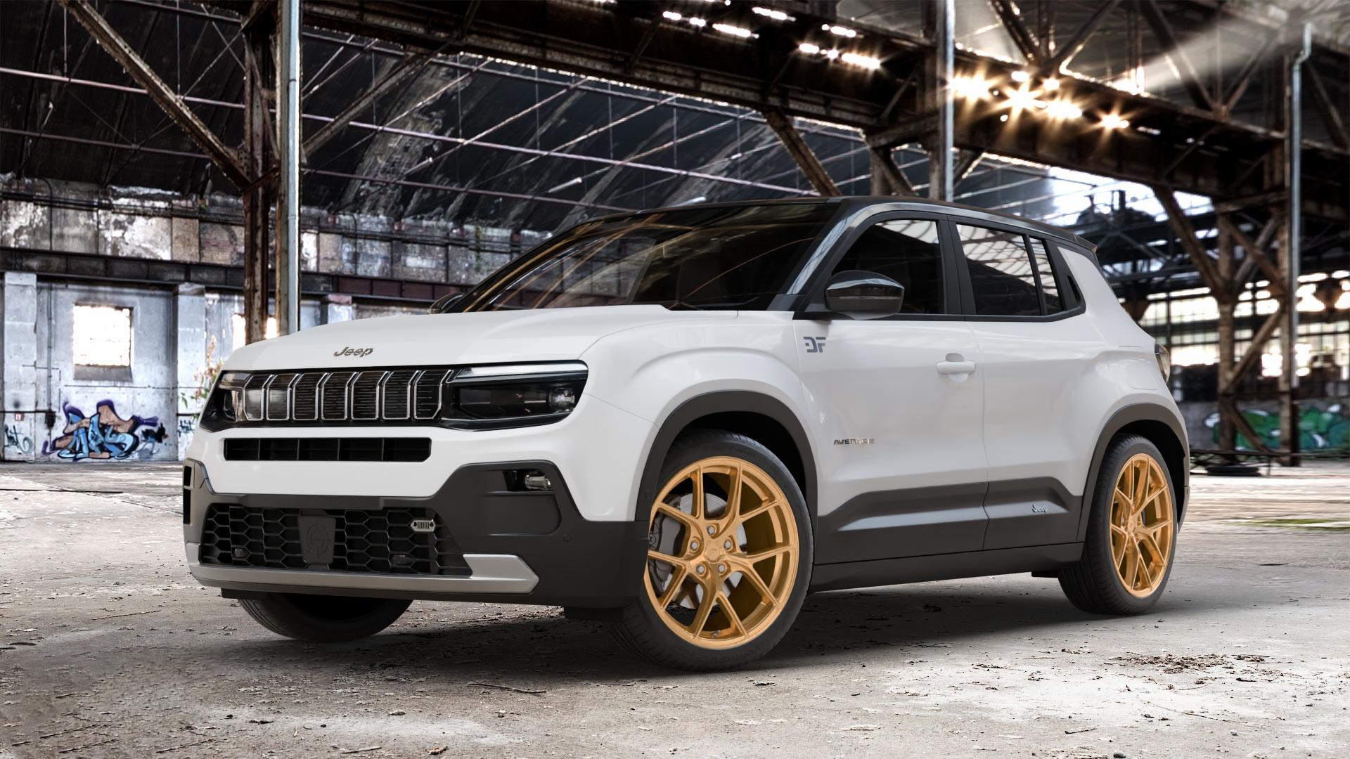 Japan Racing Wheels SL-01 Gold Felge mit Reifen in 19Zoll Winterfelge Alufelge auf weissem Jeep Avenger Typ FH1 ⬇️ mit 15mm Tieferlegung ⬇️ Old Industrial Hall_max_4400mm_2024 Frontansicht_1