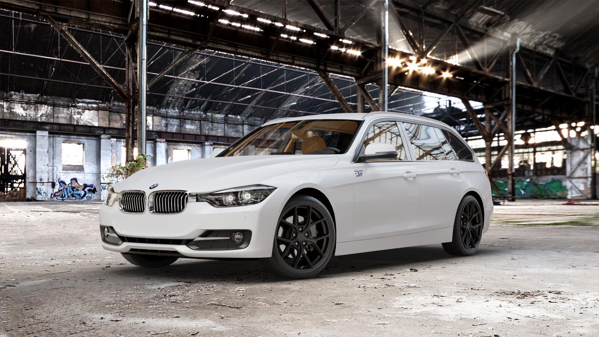 Japan Racing Wheels SL-01 Matt Black Felge mit Reifen schwarz in 19Zoll Winterfelge Alufelge auf weissem BMW 320i Typ F31 (Touring) 328i 316d 318d 320d 316i EffDyn Edition 325d 335i xDrive 335d ⬇️ mit 15mm Tieferlegung ⬇️ Old Industrial Hall_max_5300mm_2024 Frontansicht_1