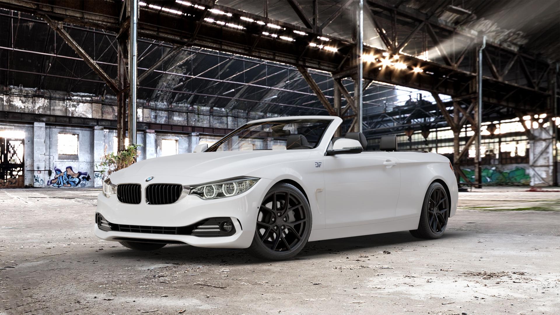 Japan Racing Wheels SL-01 Matt Black Felge mit Reifen schwarz in 19Zoll Winterfelge Alufelge auf weissem BMW 428i Typ F33 (Cabrio) 435i 420d xDrive 420i 425d 430d 435d 430i 440i 4er Cabrio (3C) ⬇️ mit 15mm Tieferlegung ⬇️ Old Industrial Hall_max_5300mm_2024 Frontansicht_1