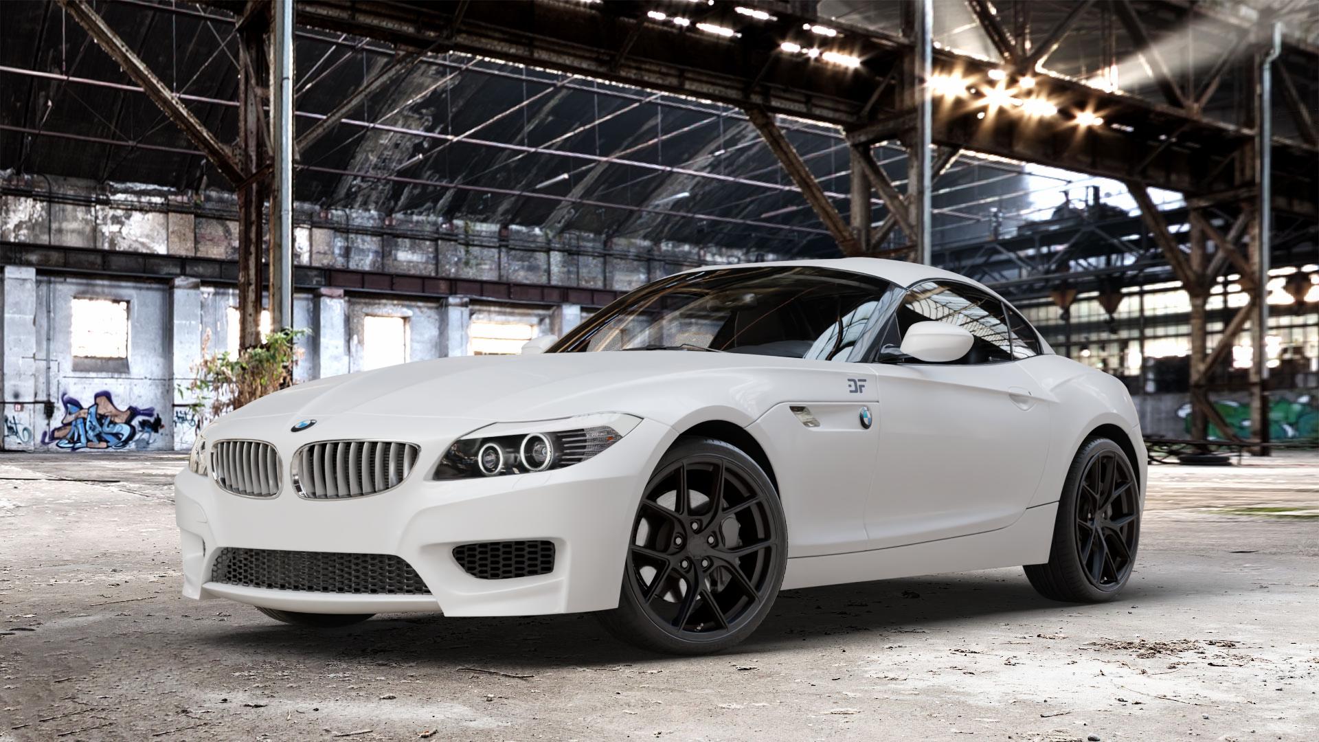 Japan Racing Wheels SL-01 Matt Black Felge mit Reifen schwarz in 19Zoll Winterfelge Alufelge auf weissem BMW Z4 Roadster Typ E89 (Z89, ZR) ⬇️ mit 15mm Tieferlegung ⬇️ Old Industrial Hall_max_4400mm_2024 Frontansicht_1