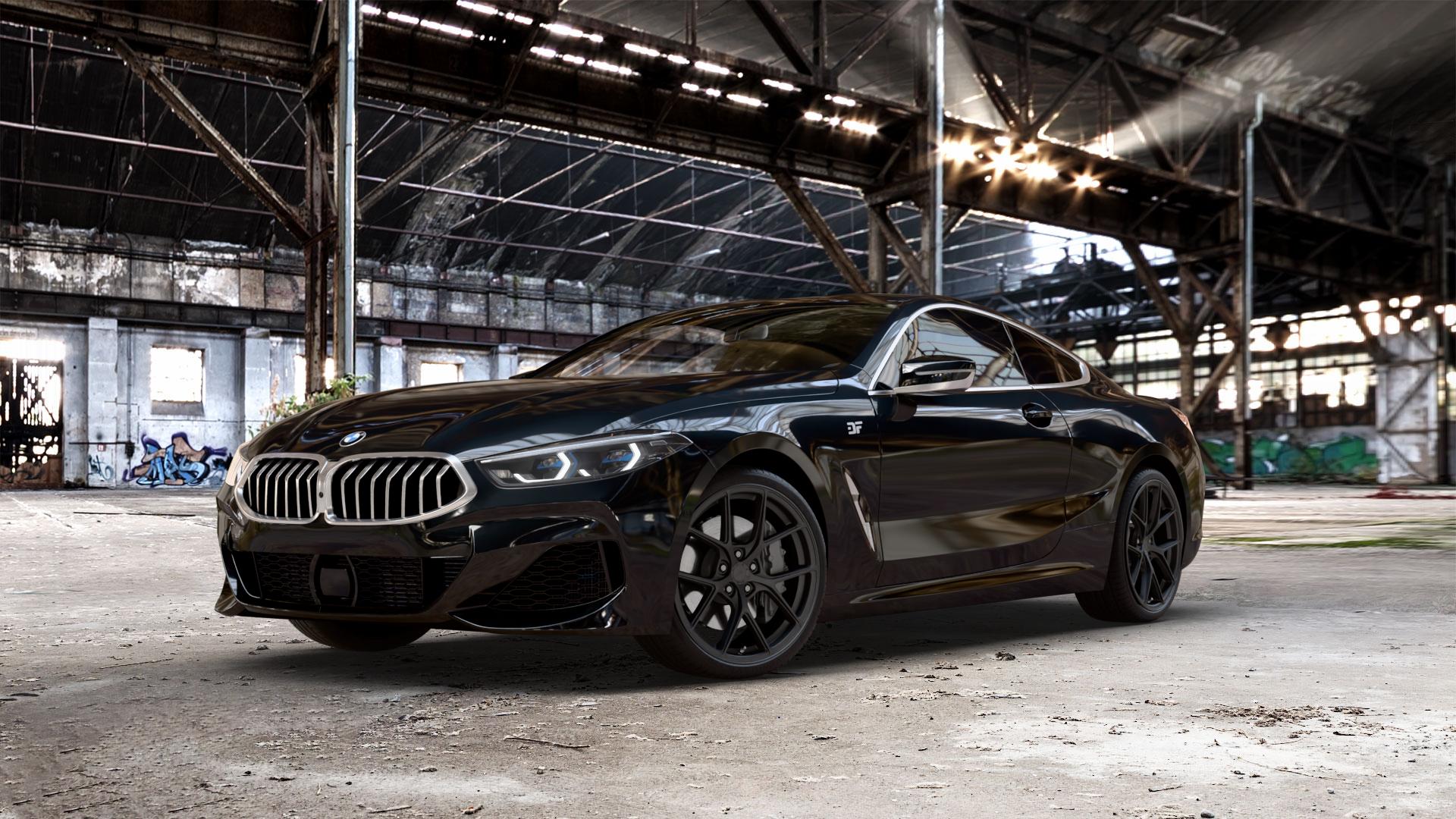 Japan Racing Wheels SL-01 Matt Black Felge mit Reifen schwarz in 20Zoll Winterfelge Alufelge auf schwarzem metallic BMW 840d xDrive Typ G15 M850i 840i M8 F8CM (Coupe) 8er Coupé (G8C) ⬇️ mit 15mm Tieferlegung ⬇️ Old Industrial Hall_max_5300mm_2024 Frontansicht_1