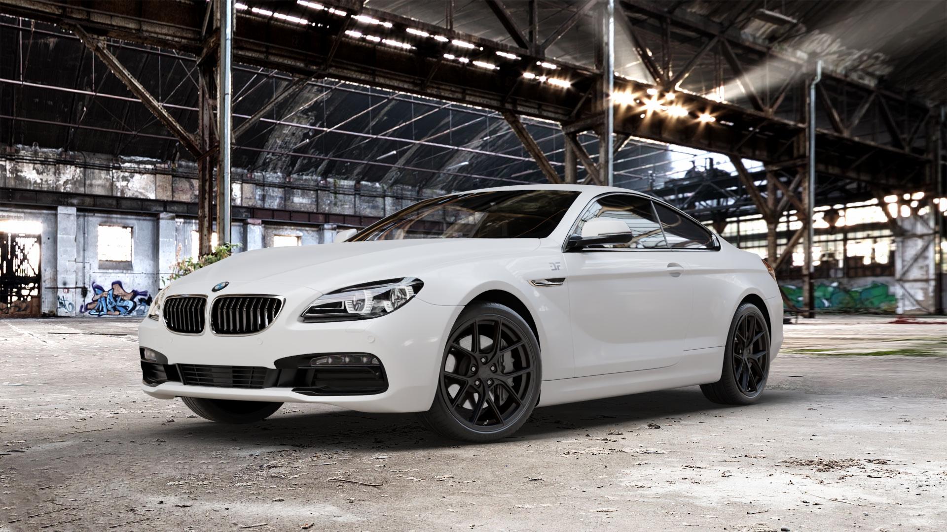 Japan Racing Wheels SL-01 Matt Black Felge mit Reifen schwarz in 20Zoll Winterfelge Alufelge auf weissem BMW 640i Typ F13 (Coupe) 650i 640d xDrive ⬇️ mit 15mm Tieferlegung ⬇️ Old Industrial Hall_max_5300mm_2024 Frontansicht_1