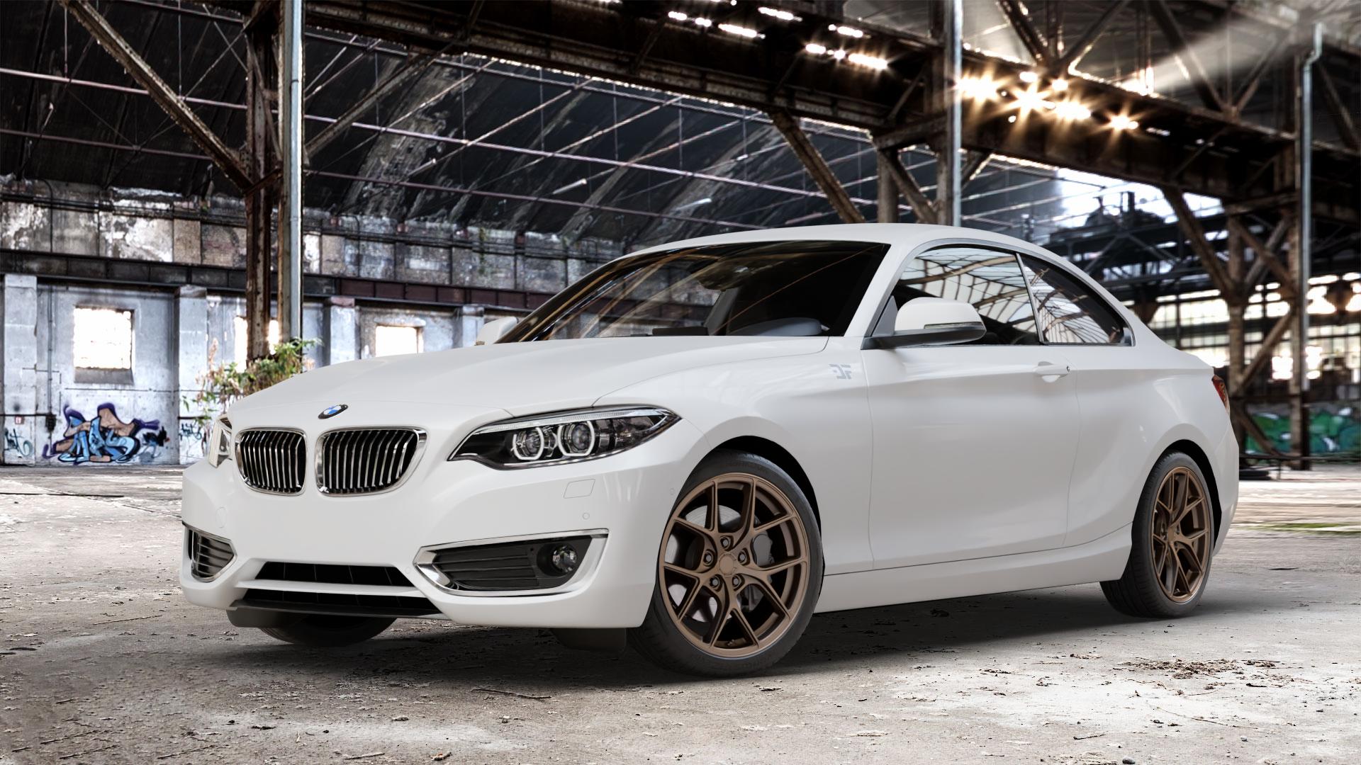Japan Racing Wheels SL-01 Matt Bronze Felge mit Reifen in 18Zoll Winterfelge Alufelge auf weissem BMW 220d Typ F22 (Coupé) 220i 218d 225d 228i 218i xDrive 230i 2er Coupé (1C) ⬇️ mit 15mm Tieferlegung ⬇️ Old Industrial Hall_max_4400mm_2024 Frontansicht_1