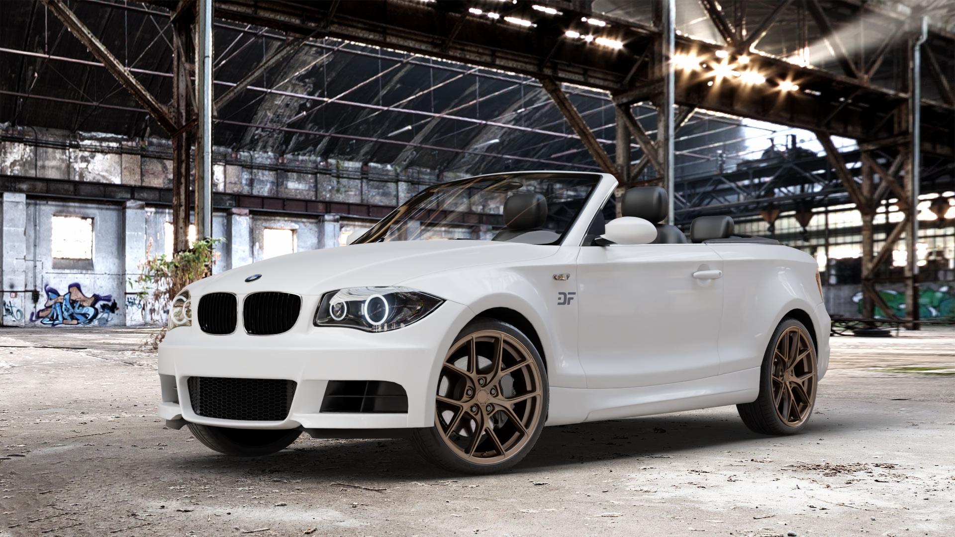 Japan Racing Wheels SL-01 Matt Bronze Felge mit Reifen in 19Zoll Winterfelge Alufelge auf weissem BMW 118i Typ E88 (Cabriolet) 120d 120i 125i 135i 123d 118d 1er Cabrio (182, 1C) ⬇️ mit 15mm Tieferlegung ⬇️ Old Industrial Hall_max_4400mm_2024 Frontansicht_1