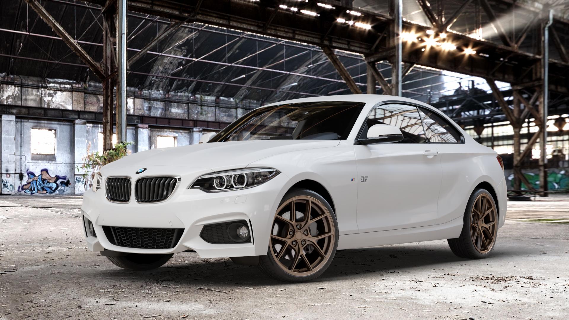Japan Racing Wheels SL-01 Matt Bronze Felge mit Reifen in 19Zoll Winterfelge Alufelge auf weissem BMW 2 M235i Typ F22 (Coupe) 3,0l 240kW (326 PS) xDrive M240i 250kW (340 ⬇️ mit 15mm Tieferlegung ⬇️ Old Industrial Hall_max_4400mm_2024 Frontansicht_1