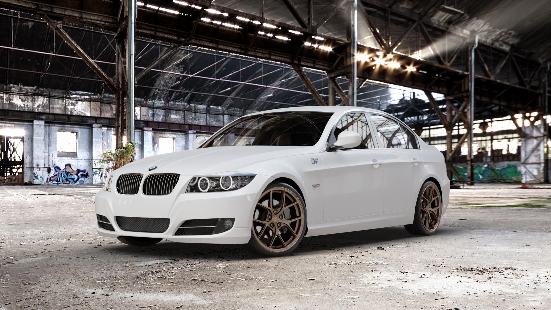 Japan Racing Wheels SL-01 Matt Bronze Felge mit Reifen in 19Zoll Winterfelge Alufelge auf weissem BMW 318i Typ E90 (Limousine) 320i 335i 335d 318d 320d 325i 330i 330d 316i 325xi 330xi 325d 330xd 320si M3 (M390) 320xd 316d 335xi 323i CRT 3er Limousine (390L, 3 ⬇️ mit 15mm Tieferlegung ⬇️ Old Industrial Hall_max_5300mm_2024 Frontansicht_1