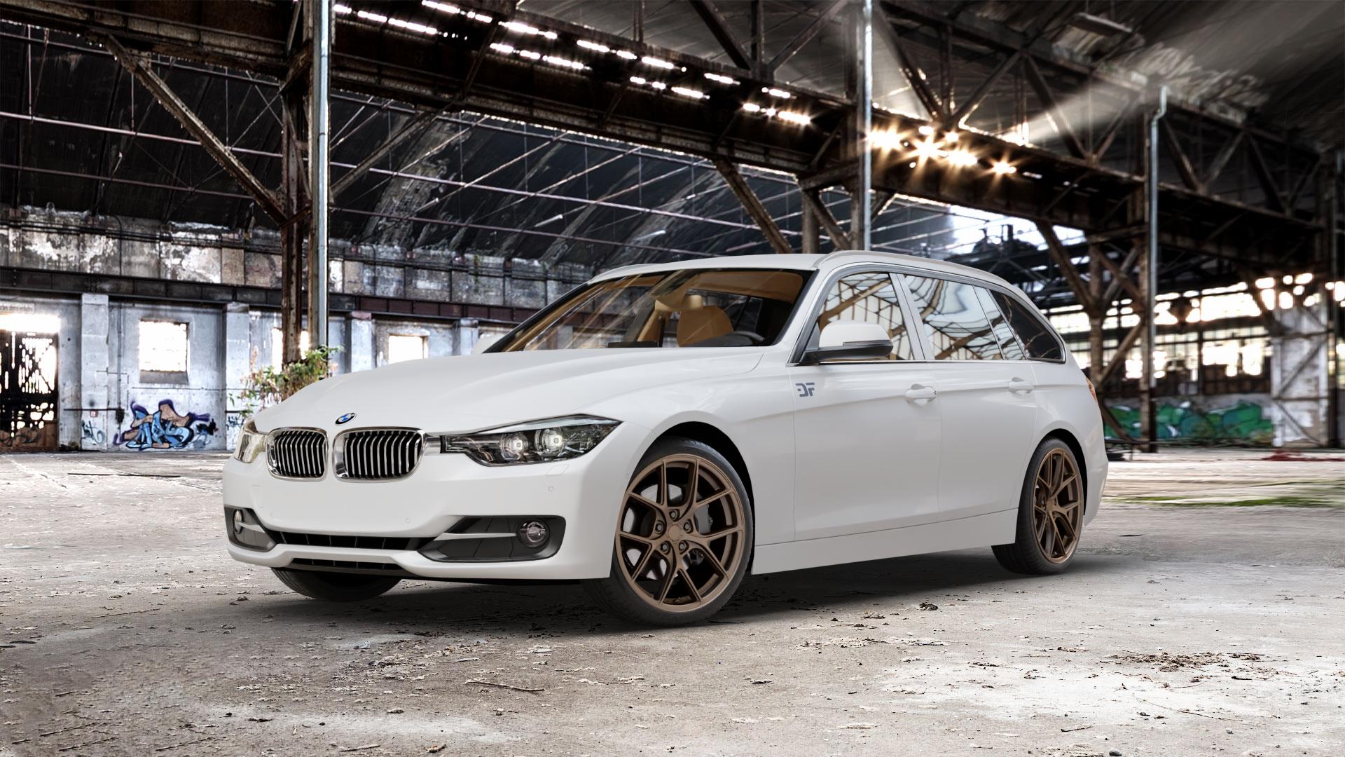Japan Racing Wheels SL-01 Matt Bronze Felge mit Reifen in 19Zoll Winterfelge Alufelge auf weissem BMW 320i Typ F31 (Touring) 328i 316d 318d 320d 316i EffDyn Edition 325d 335i xDrive 335d ⬇️ mit 15mm Tieferlegung ⬇️ Old Industrial Hall_max_5300mm_2024 Frontansicht_1