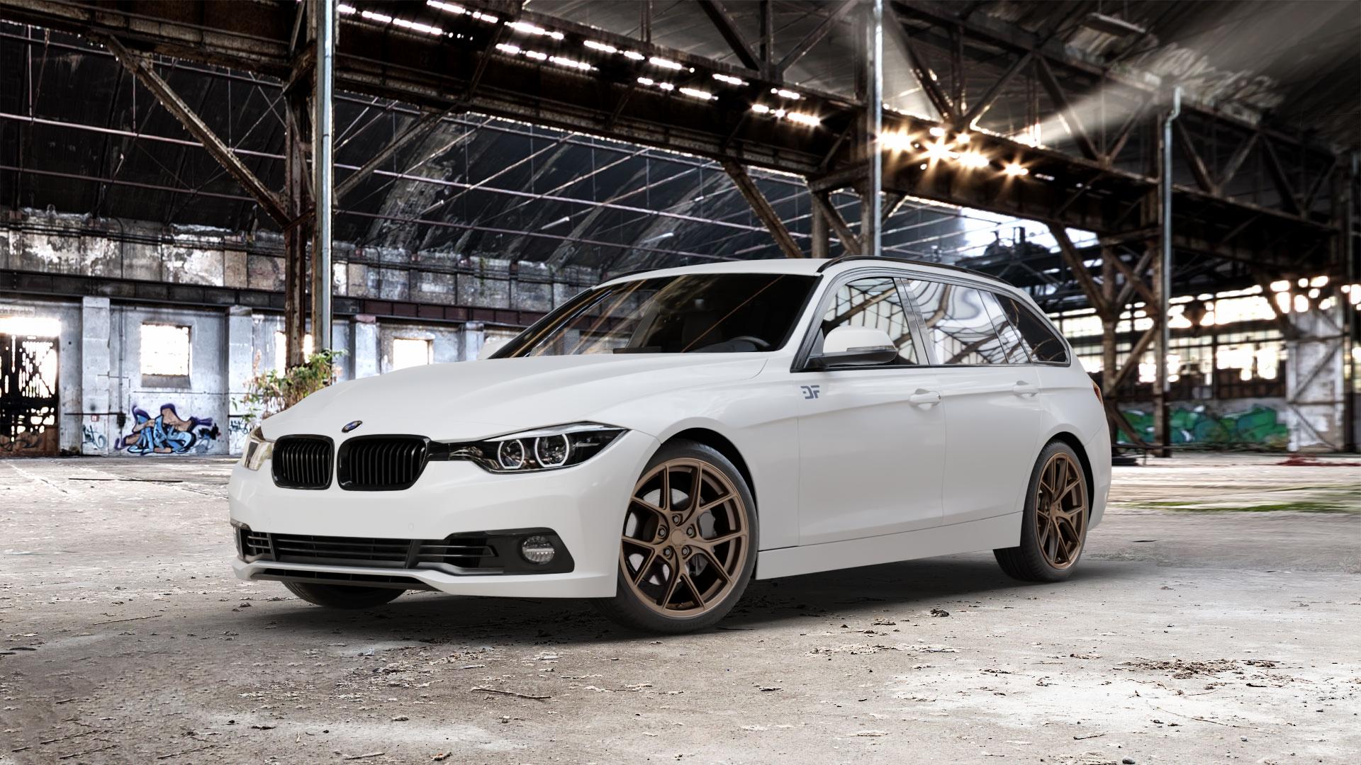 Japan Racing Wheels SL-01 Matt Bronze Felge mit Reifen in 19Zoll Winterfelge Alufelge auf weissem BMW 330d Typ F31 (Touring) xDrive 318i 330i 340i 3er Touring (3K, 3K-N1) ⬇️ mit 15mm Tieferlegung ⬇️ Old Industrial Hall_max_5300mm_2024 Frontansicht_1