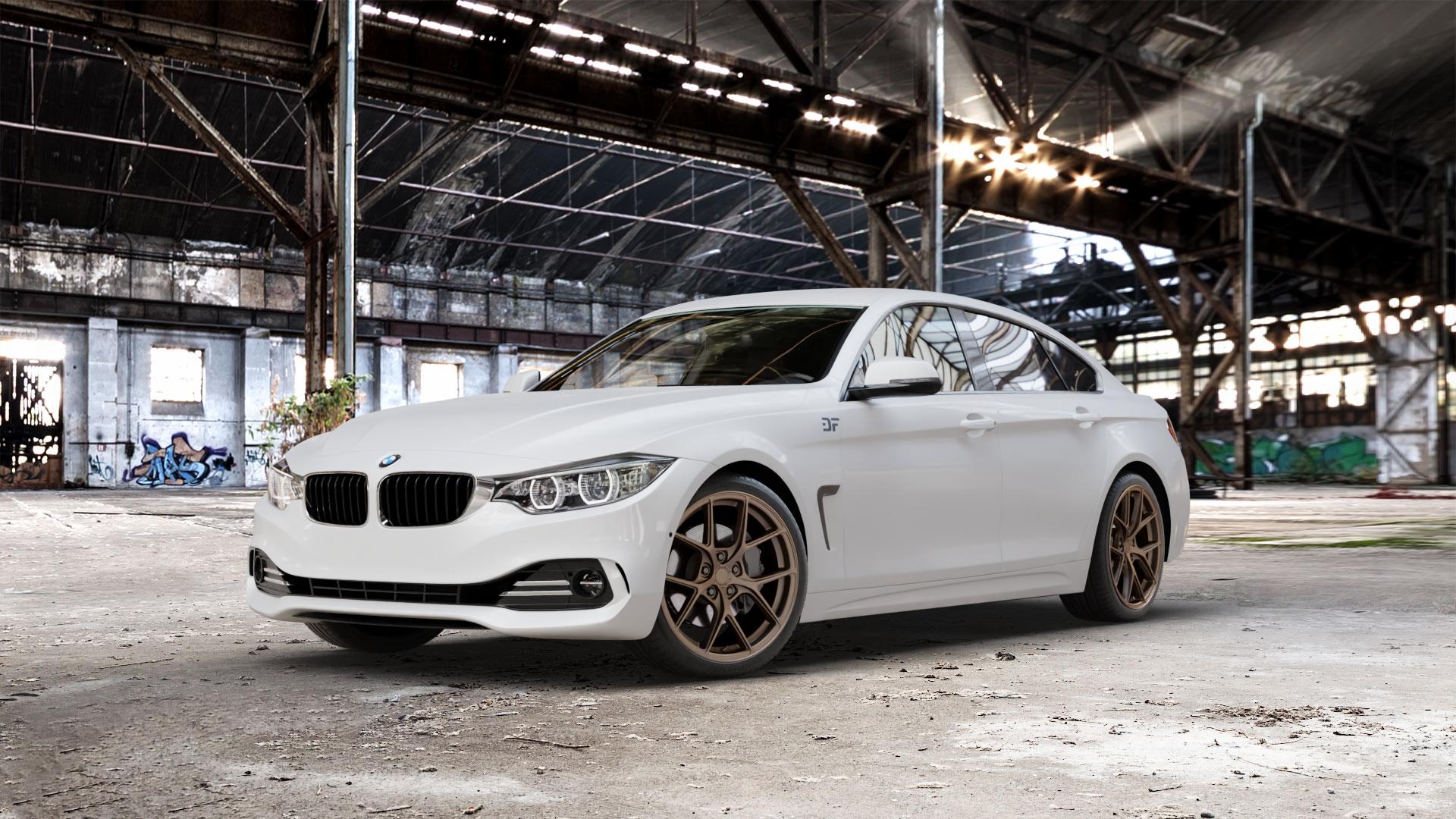 Japan Racing Wheels SL-01 Matt Bronze Felge mit Reifen in 19Zoll Winterfelge Alufelge auf weissem BMW 418d Typ F36 (Gran Coupe) 420d xDrive 420i 428i 435i 430d 440i 418i 430i 425d 4er Gran Coupe (3C) ⬇️ mit 15mm Tieferlegung ⬇️ Old Industrial Hall_max_5300mm_2024 Frontansicht_1