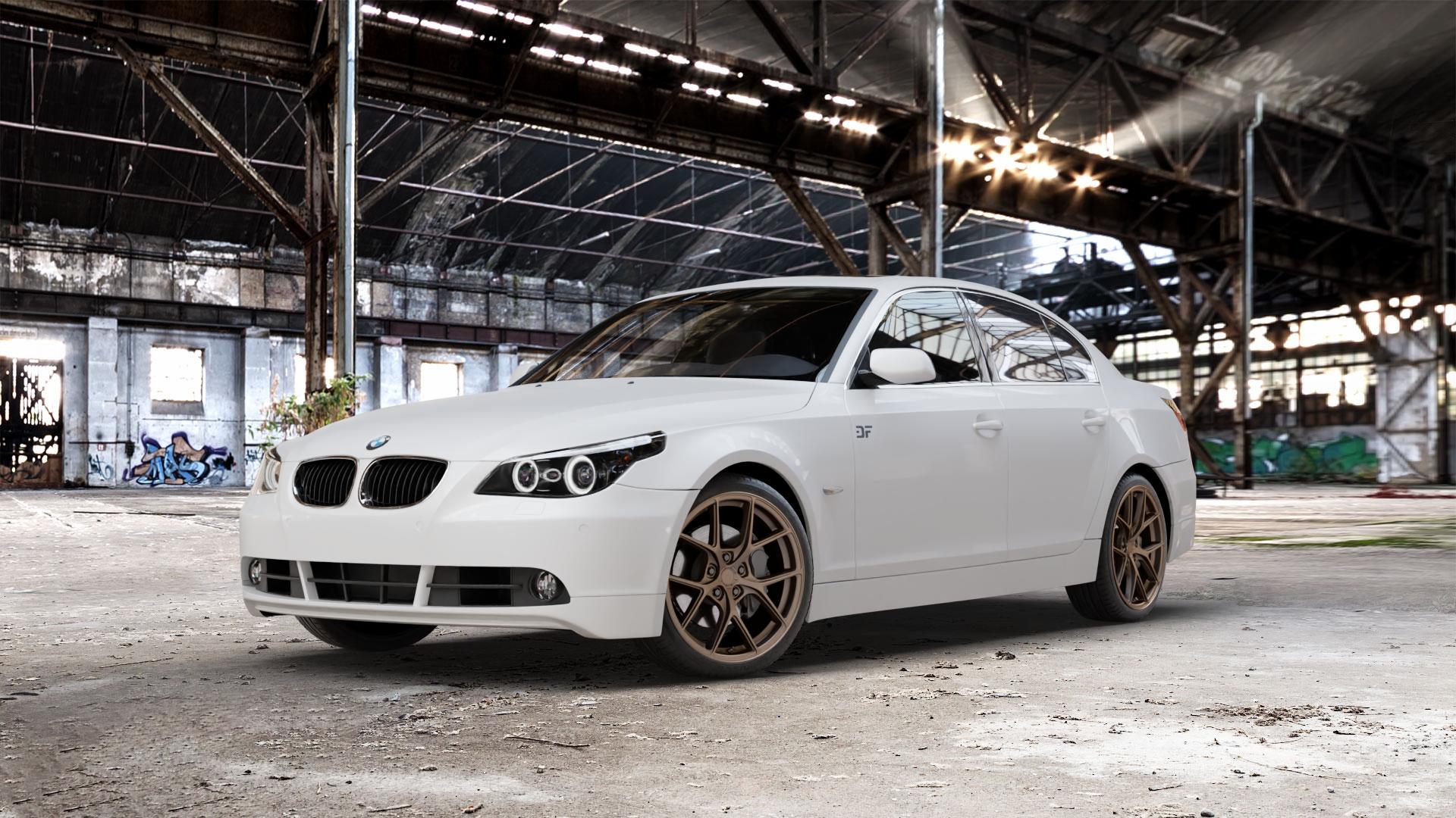 Japan Racing Wheels SL-01 Matt Bronze Felge mit Reifen in 19Zoll Winterfelge Alufelge auf weissem BMW 520i Typ E60 (Limousine) 525i 530i 530d 525d M5 535d 545i 523i 540i 550i 520d 525xd 530xd 530xi 525xi 5er Limousine (560L, 560X) ⬇️ mit 15mm Tieferlegung ⬇️ Old Industrial Hall_max_5300mm_2024 Frontansicht_1