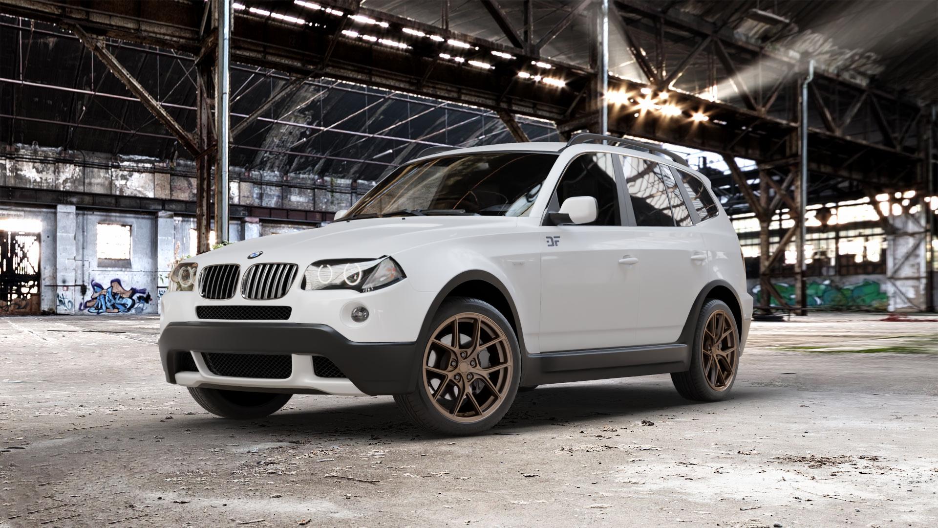 Japan Racing Wheels SL-01 Matt Bronze Felge mit Reifen in 19Zoll Winterfelge Alufelge auf weissem BMW X3 Typ E83 (X83) ⬇️ mit 15mm Tieferlegung ⬇️ Old Industrial Hall_max_5300mm_2024 Frontansicht_1