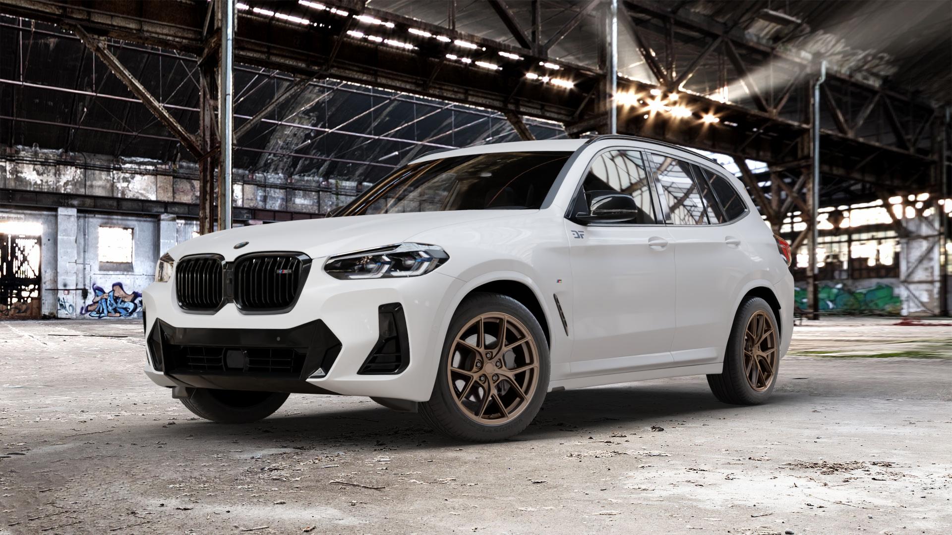 Japan Racing Wheels SL-01 Matt Bronze Felge mit Reifen in 19Zoll Winterfelge Alufelge auf weissem BMW X3 Typ G01 (G3X) Facelift ⬇️ mit 15mm Tieferlegung ⬇️ Old Industrial Hall_max_5300mm_2024 Frontansicht_1