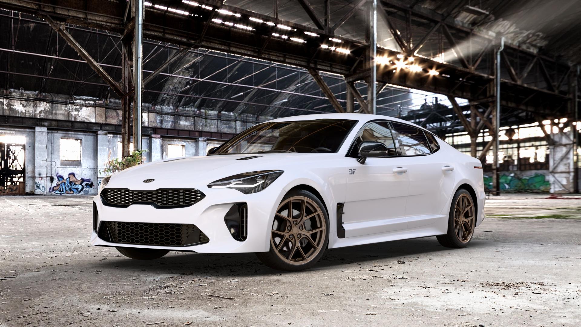 Japan Racing Wheels SL-01 Matt Bronze Felge mit Reifen in 19Zoll Winterfelge Alufelge auf weissem Kia Stinger Typ CK ⬇️ mit 15mm Tieferlegung ⬇️ Old Industrial Hall_max_5300mm_2024 Frontansicht_1