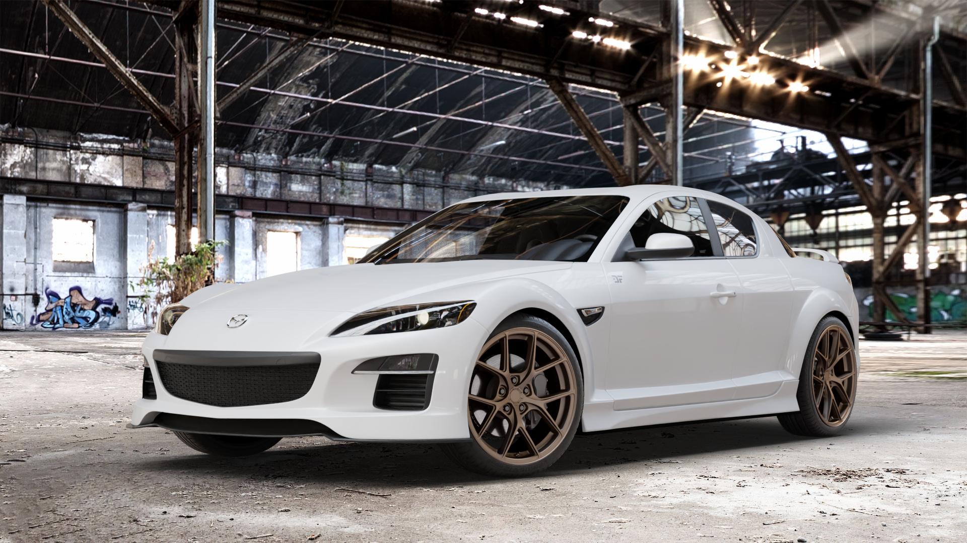 Japan Racing Wheels SL-01 Matt Bronze Felge mit Reifen in 19Zoll Winterfelge Alufelge auf weissem Mazda RX-8 ⬇️ mit 15mm Tieferlegung ⬇️ Old Industrial Hall_max_4400mm_2024 Frontansicht_1