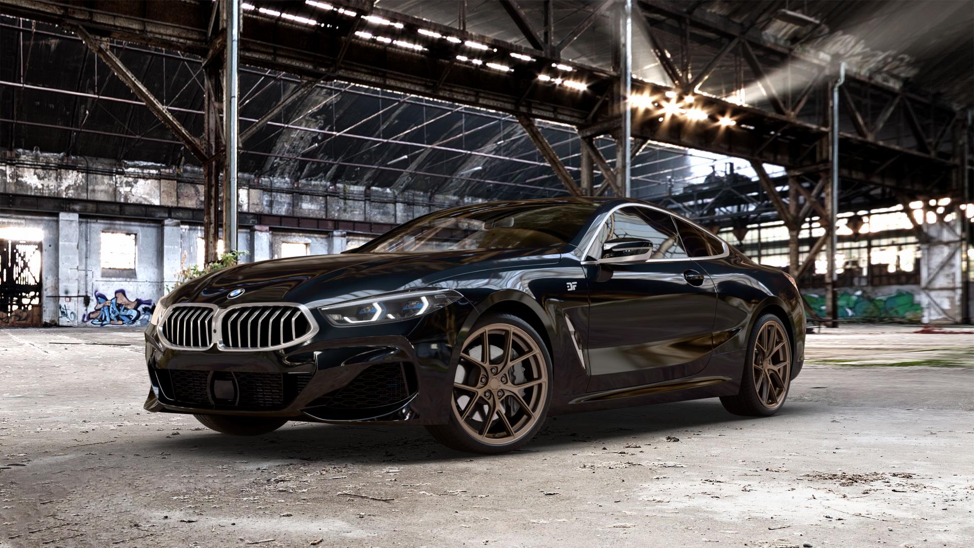 Japan Racing Wheels SL-01 Matt Bronze Felge mit Reifen in 20Zoll Winterfelge Alufelge auf schwarzem metallic BMW 840d xDrive Typ G15 M850i 840i M8 F8CM (Coupe) 8er Coupé (G8C) ⬇️ mit 15mm Tieferlegung ⬇️ Old Industrial Hall_max_5300mm_2024 Frontansicht_1