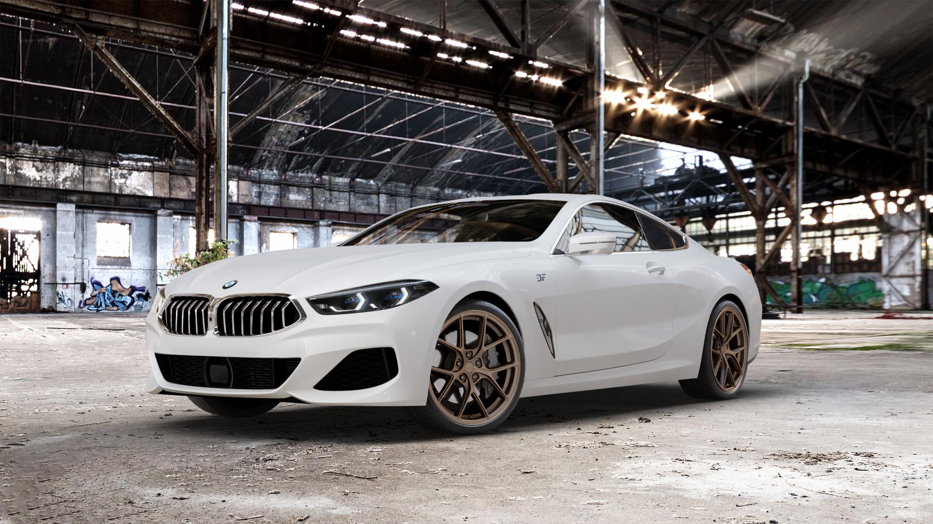 Japan Racing Wheels SL-01 Matt Bronze Felge mit Reifen in 20Zoll Winterfelge Alufelge auf weissem BMW 840d xDrive Typ G15 M850i 840i M8 F8CM (Coupe) 8er Coupé (G8C) ⬇️ mit 15mm Tieferlegung ⬇️ Old Industrial Hall_max_5300mm_2024 Frontansicht_1