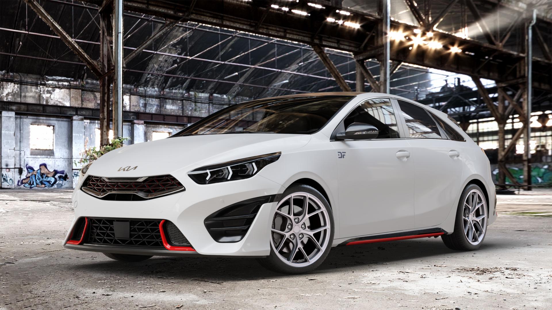 Japan Racing Wheels SL-01 Matt Silver Felge mit Reifen silber in 18Zoll Winterfelge Alufelge auf weissem Kia ProCeed Typ CD Facelift Pro Cee d ⬇️ mit 15mm Tieferlegung ⬇️ Old Industrial Hall_max_4400mm_2024 Frontansicht_1