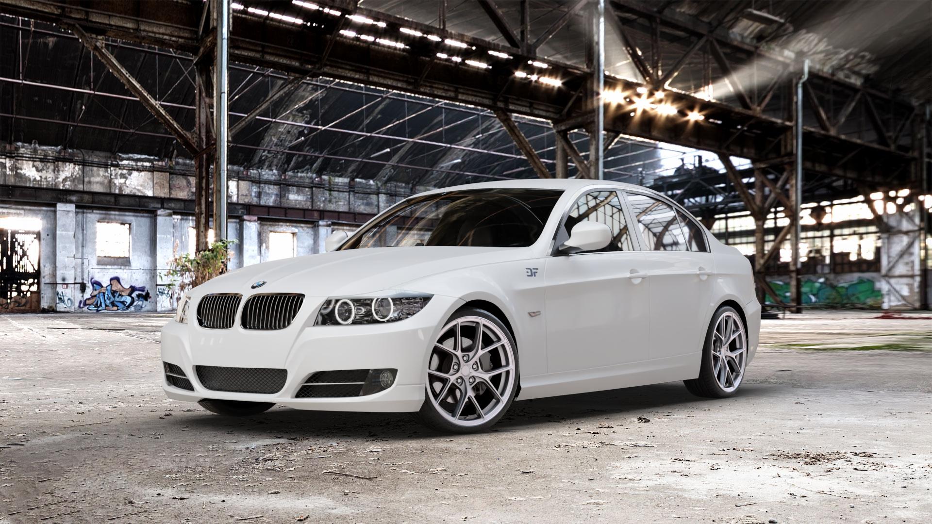 Japan Racing Wheels SL-01 Matt Silver Felge mit Reifen silber in 19Zoll Winterfelge Alufelge auf weissem BMW 318i Typ E90 (Limousine) 320i 335i 335d 318d 320d 325i 330i 330d 316i 325xi 330xi 325d 330xd 320si M3 (M390) 320xd 316d 335xi 323i CRT 3er Limousine (390L, 3 ⬇️ mit 15mm Tieferlegung ⬇️ Old Industrial Hall_max_5300mm_2024 Frontansicht_1