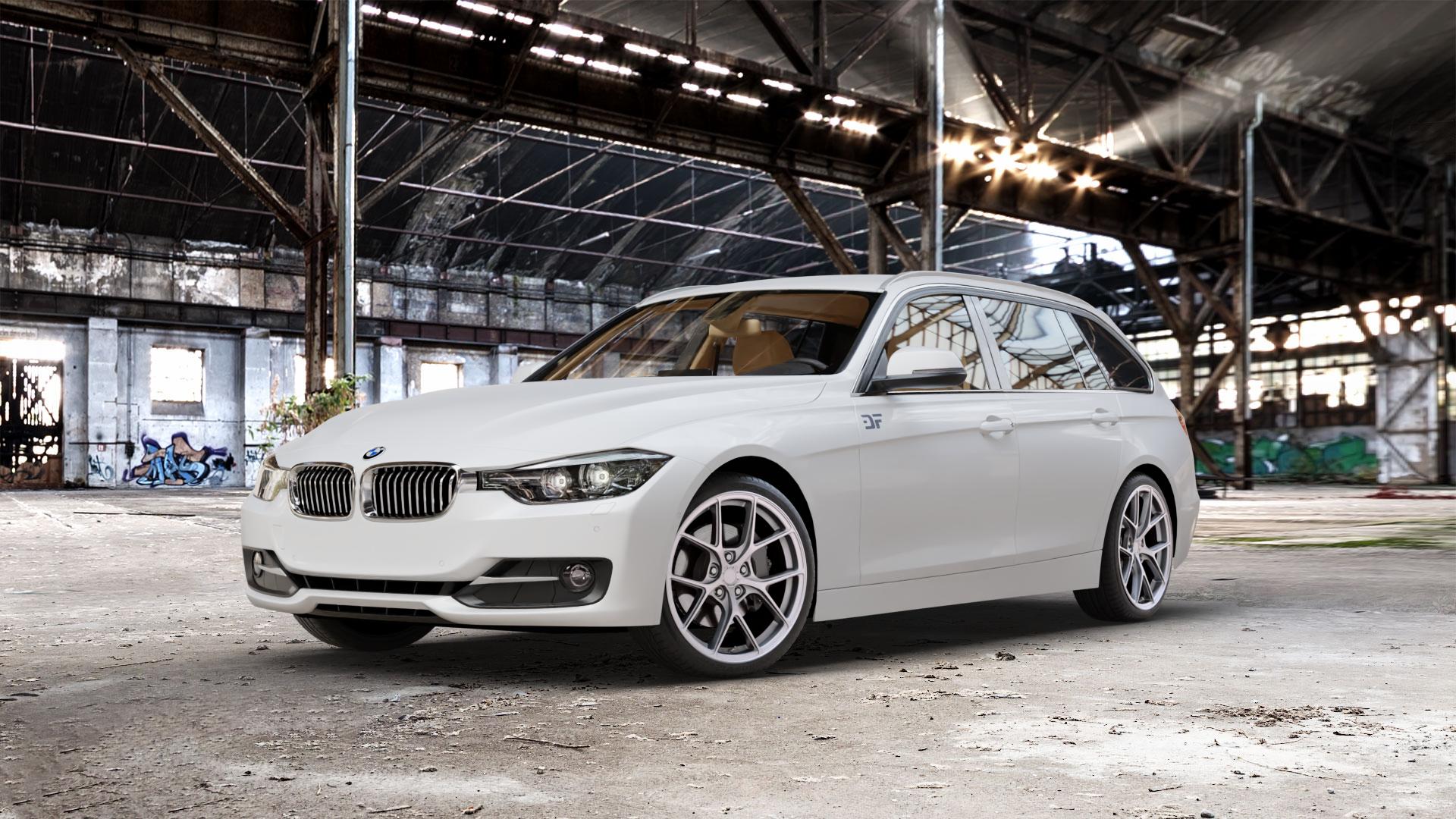 Japan Racing Wheels SL-01 Matt Silver Felge mit Reifen silber in 19Zoll Winterfelge Alufelge auf weissem BMW 320i Typ F31 (Touring) 328i 316d 318d 320d 316i EffDyn Edition 325d 335i xDrive 335d ⬇️ mit 15mm Tieferlegung ⬇️ Old Industrial Hall_max_5300mm_2024 Frontansicht_1