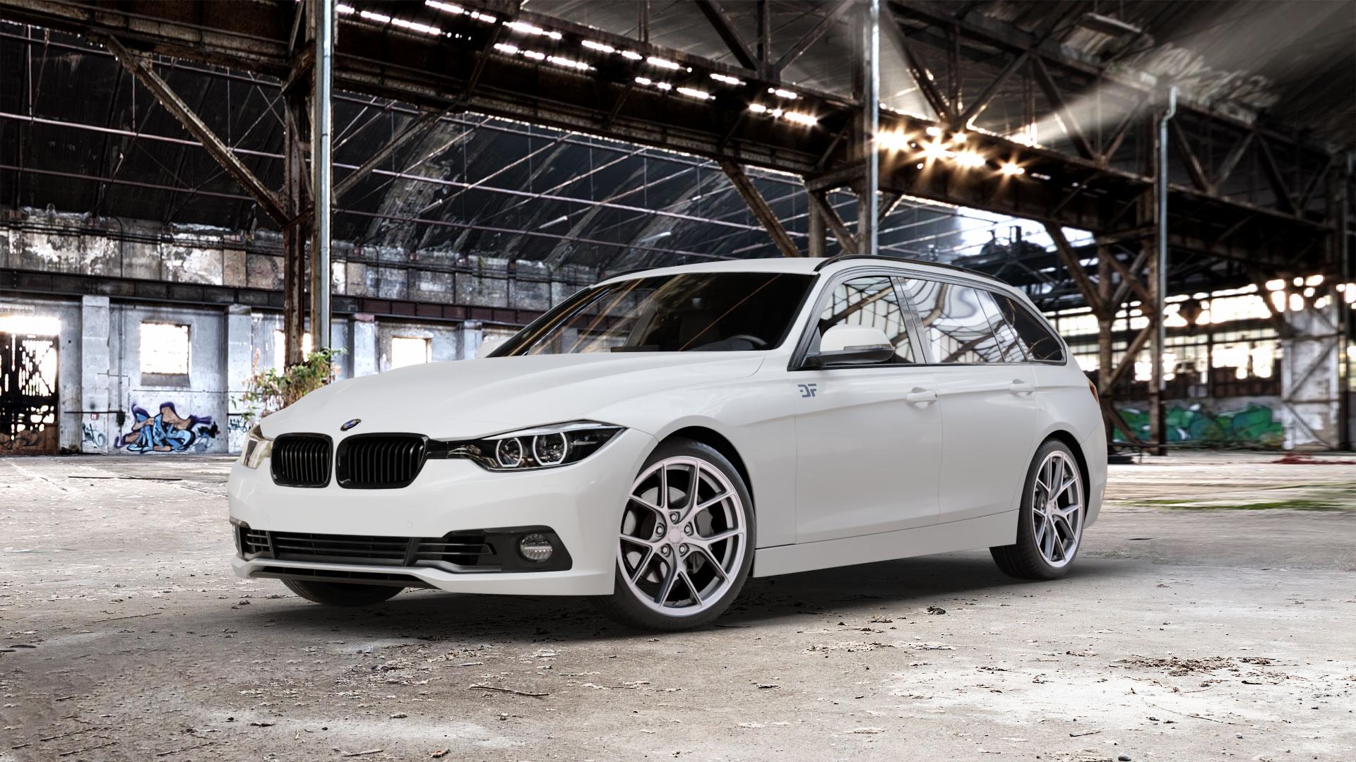 Japan Racing Wheels SL-01 Matt Silver Felge mit Reifen silber in 19Zoll Winterfelge Alufelge auf weissem BMW 330d Typ F31 (Touring) xDrive 318i 330i 340i 3er Touring (3K, 3K-N1) ⬇️ mit 15mm Tieferlegung ⬇️ Old Industrial Hall_max_5300mm_2024 Frontansicht_1