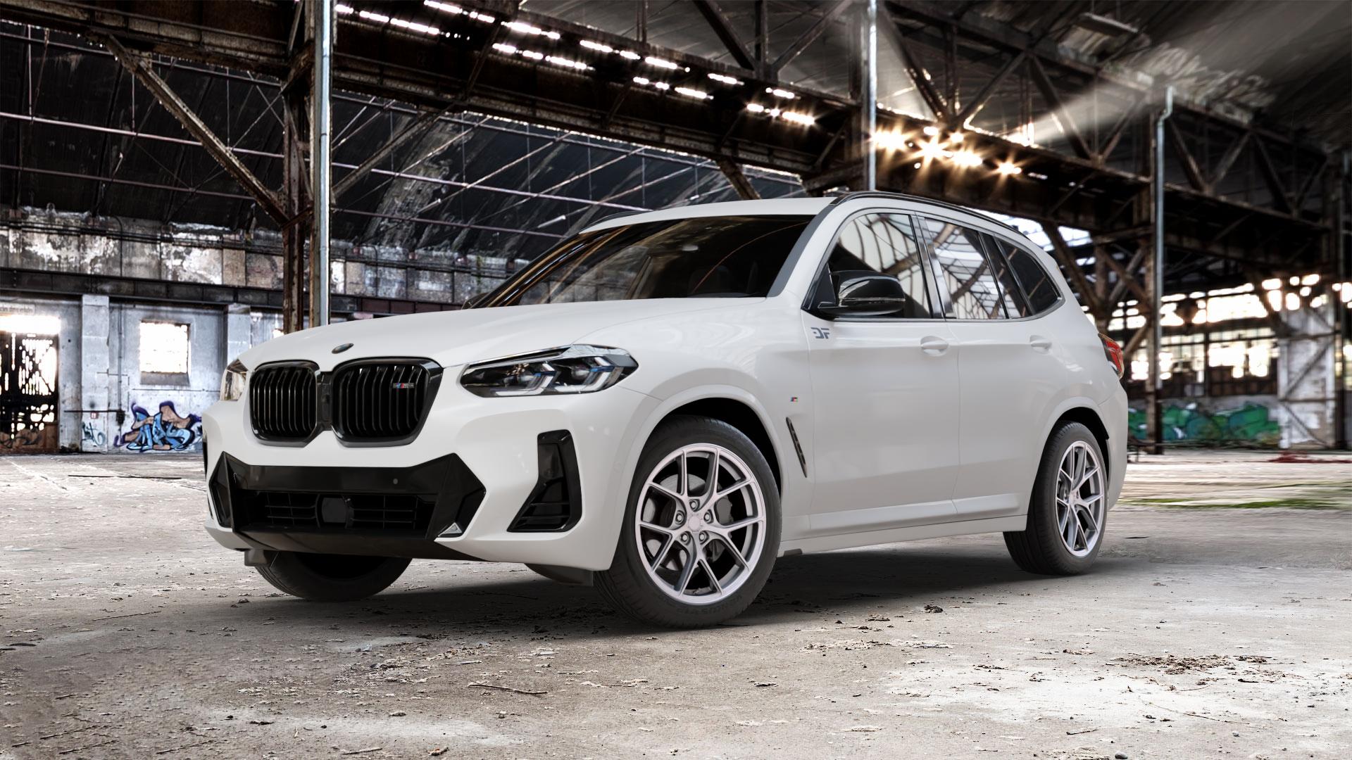 Japan Racing Wheels SL-01 Matt Silver Felge mit Reifen silber in 19Zoll Winterfelge Alufelge auf weissem BMW X3 Typ G01 (G3X) Facelift ⬇️ mit 15mm Tieferlegung ⬇️ Old Industrial Hall_max_5300mm_2024 Frontansicht_1