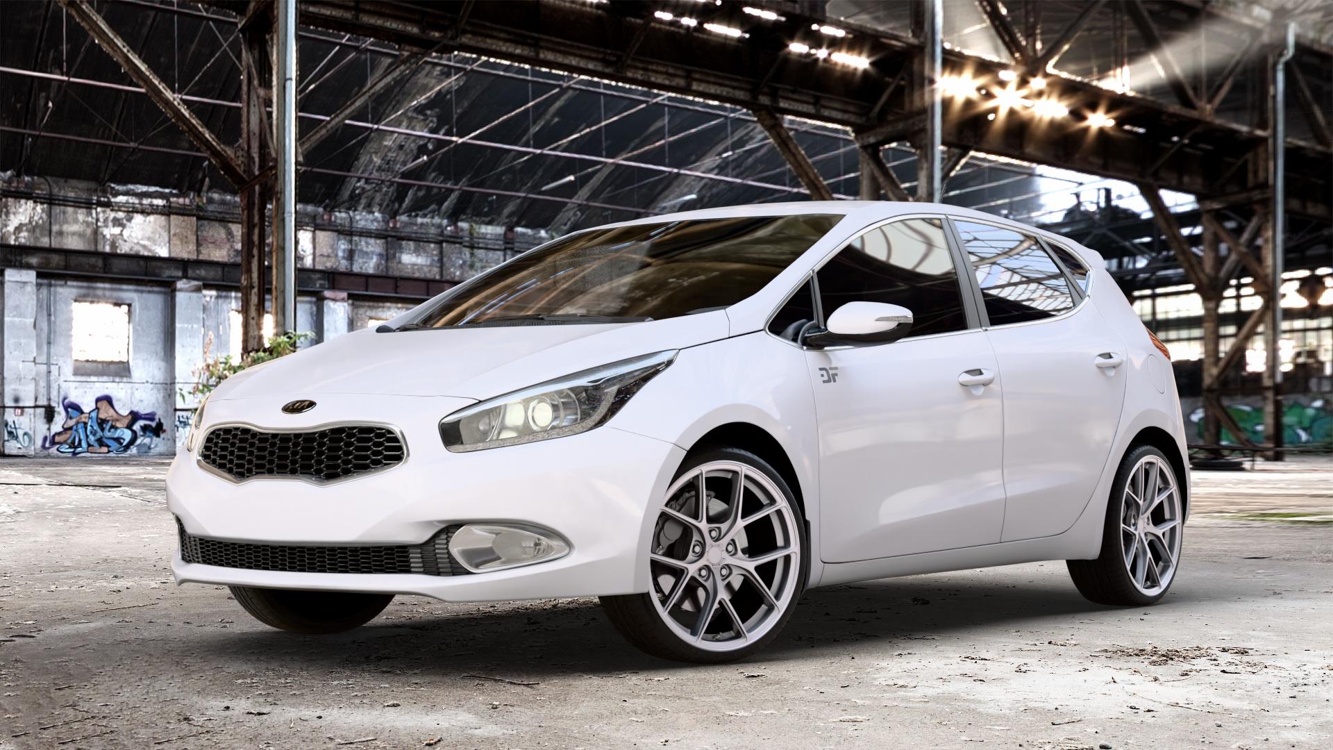Japan Racing Wheels SL-01 Matt Silver Felge mit Reifen silber in 19Zoll Winterfelge Alufelge auf weissem Kia Cee d Schrägheck Typ JD Kombi Facelift ⬇️ mit 15mm Tieferlegung ⬇️ Old Industrial Hall_max_4400mm_2024 Frontansicht_1