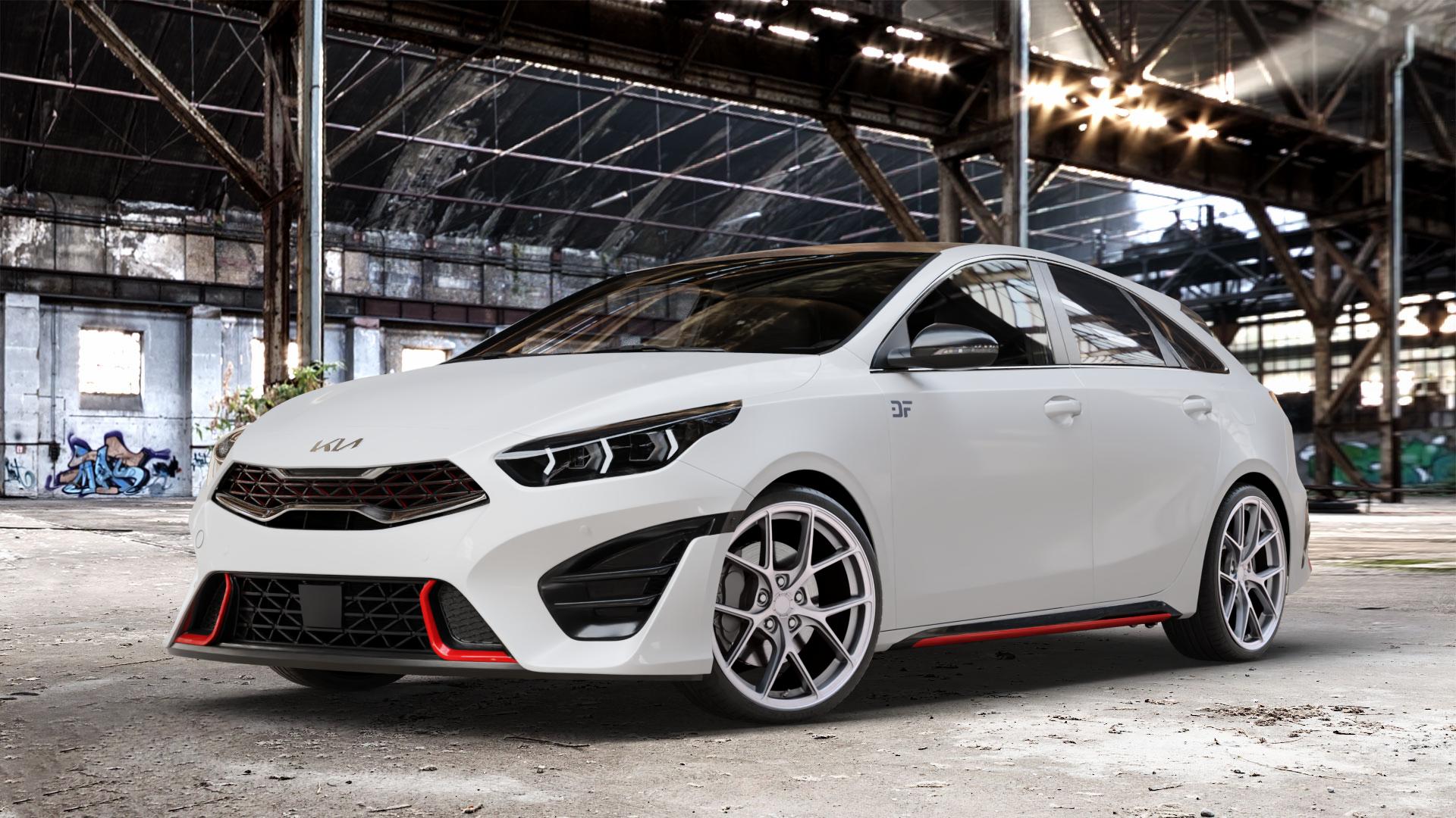 Japan Racing Wheels SL-01 Matt Silver Felge mit Reifen silber in 19Zoll Winterfelge Alufelge auf weissem Kia ProCeed Typ CD Facelift Pro Cee d ⬇️ mit 15mm Tieferlegung ⬇️ Old Industrial Hall_max_4400mm_2024 Frontansicht_1