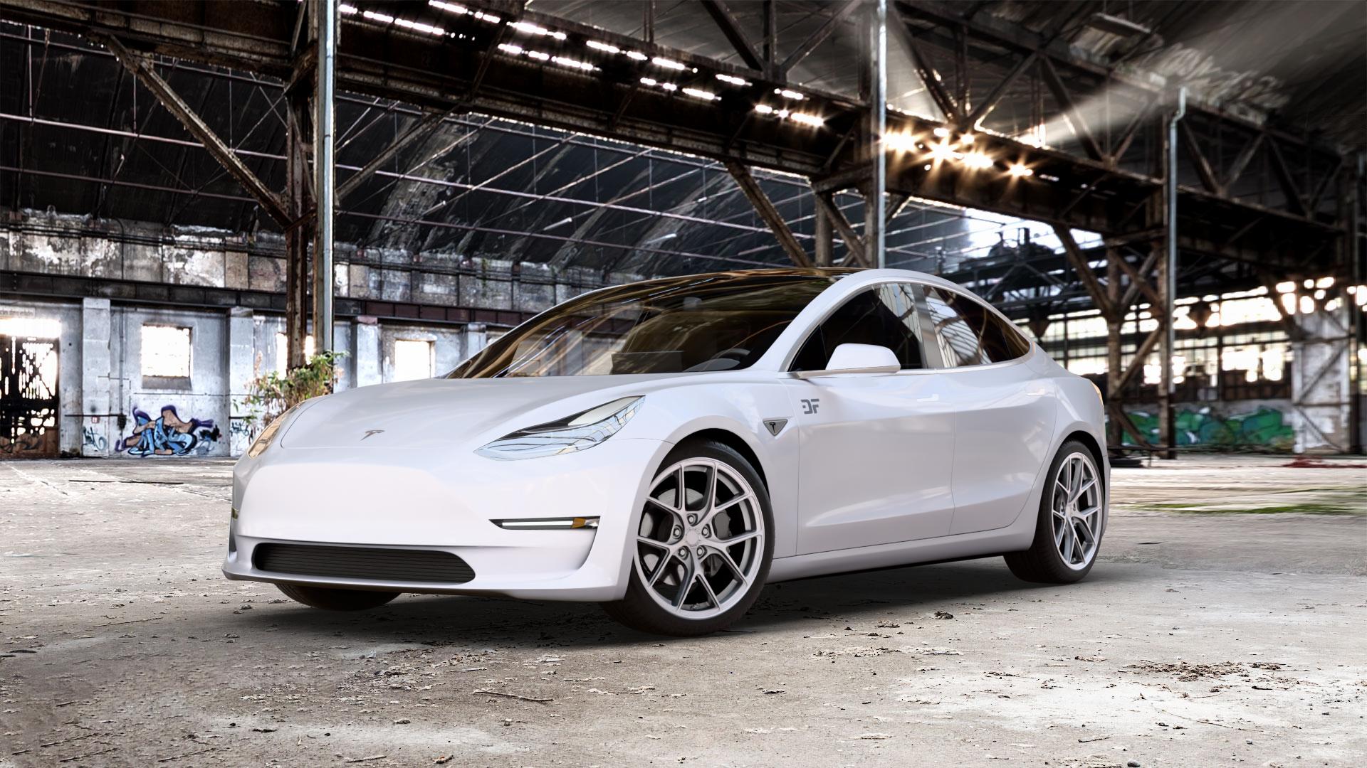 Japan Racing Wheels SL-01 Matt Silver Felge mit Reifen silber in 19Zoll Winterfelge Alufelge auf weissem Tesla Model 3 Typ 003 ⬇️ mit 15mm Tieferlegung ⬇️ Old Industrial Hall_max_5300mm_2024 Frontansicht_1