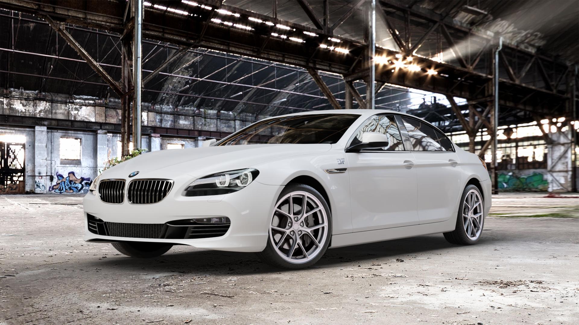 Japan Racing Wheels SL-01 Matt Silver Felge mit Reifen silber in 20Zoll Winterfelge Alufelge auf weissem BMW 6er F06 Gran Coupe (6C) ⬇️ mit 15mm Tieferlegung ⬇️ Old Industrial Hall_max_5300mm_2024 Frontansicht_1