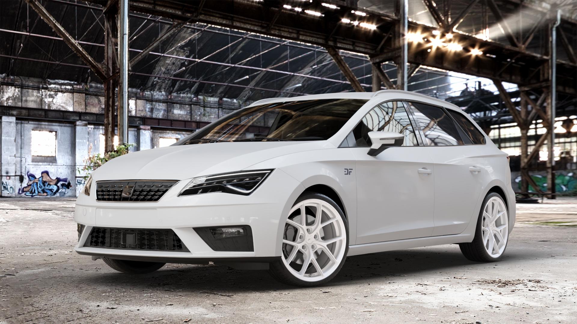 Japan Racing Wheels SL-01 White Felge mit Reifen weiss weiß in 19Zoll Winterfelge Alufelge auf weissem Seat Leon Typ 5F ST Facelift ⬇️ mit 15mm Tieferlegung ⬇️ Old Industrial Hall_max_4400mm_2024 Frontansicht_1
