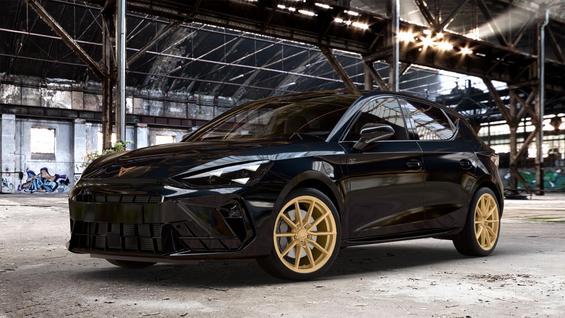 Japan Racing Wheels SL-02 Gold Felge mit Reifen in 18Zoll Winterfelge Alufelge auf metallic schwarzem Cupra Leon Typ KL Facelift ⬇️ mit 15mm Tieferlegung ⬇️ Old Industrial Hall_max_4400mm_2024 Frontansicht_1