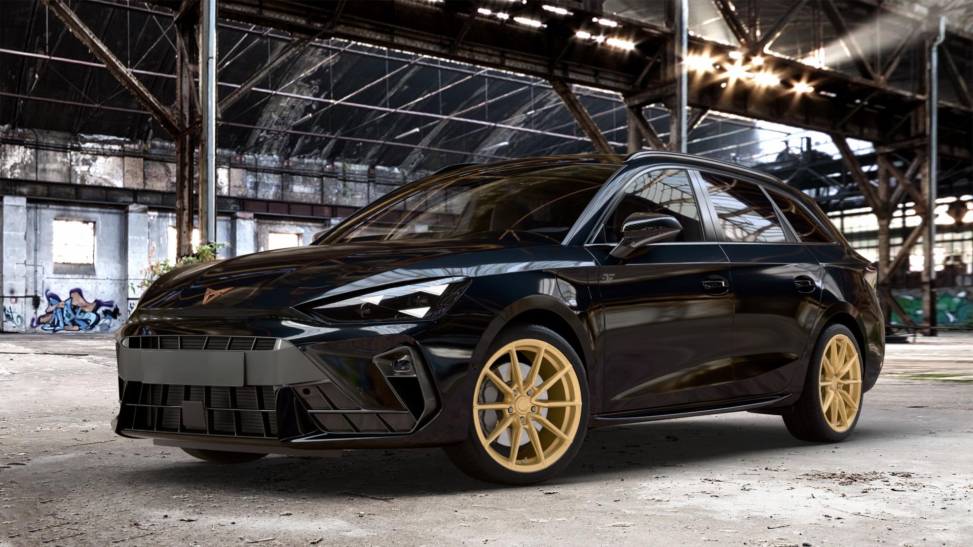 Japan Racing Wheels SL-02 Gold Felge mit Reifen in 18Zoll Winterfelge Alufelge auf metallic schwarzem Cupra Leon Typ KL ST Facelift ⬇️ mit 15mm Tieferlegung ⬇️ Old Industrial Hall_max_4400mm_2024 Frontansicht_1