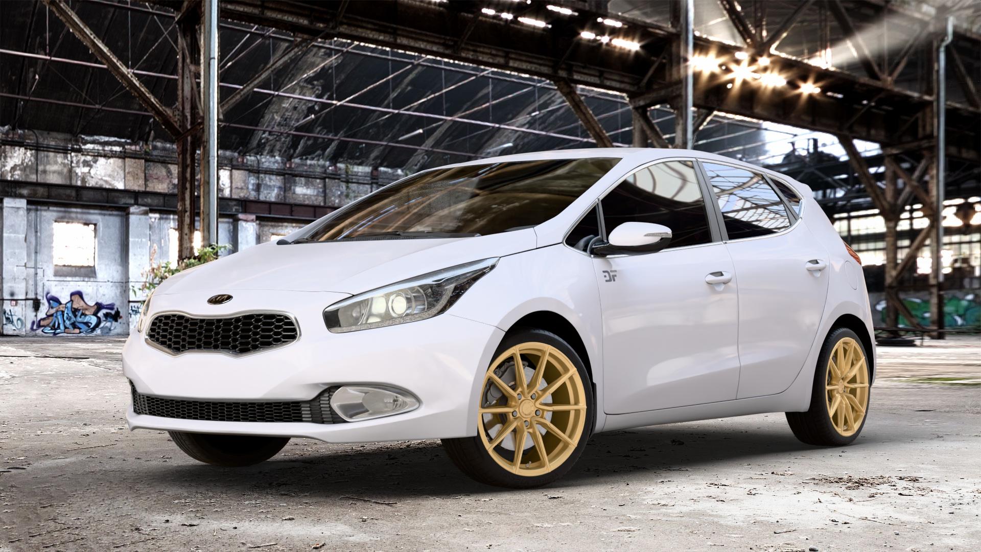 Japan Racing Wheels SL-02 Gold Felge mit Reifen in 18Zoll Winterfelge Alufelge auf weissem Kia Cee d Schrägheck Typ JD Kombi Facelift ⬇️ mit 15mm Tieferlegung ⬇️ Old Industrial Hall_max_4400mm_2024 Frontansicht_1