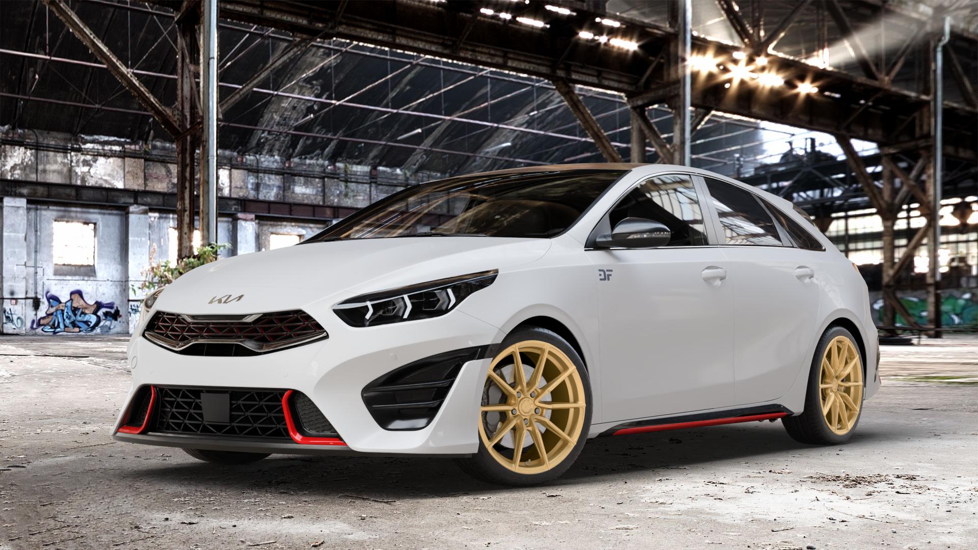 Japan Racing Wheels SL-02 Gold Felge mit Reifen in 18Zoll Winterfelge Alufelge auf weissem Kia ProCeed Typ CD Facelift Pro Cee d ⬇️ mit 15mm Tieferlegung ⬇️ Old Industrial Hall_max_4400mm_2024 Frontansicht_1